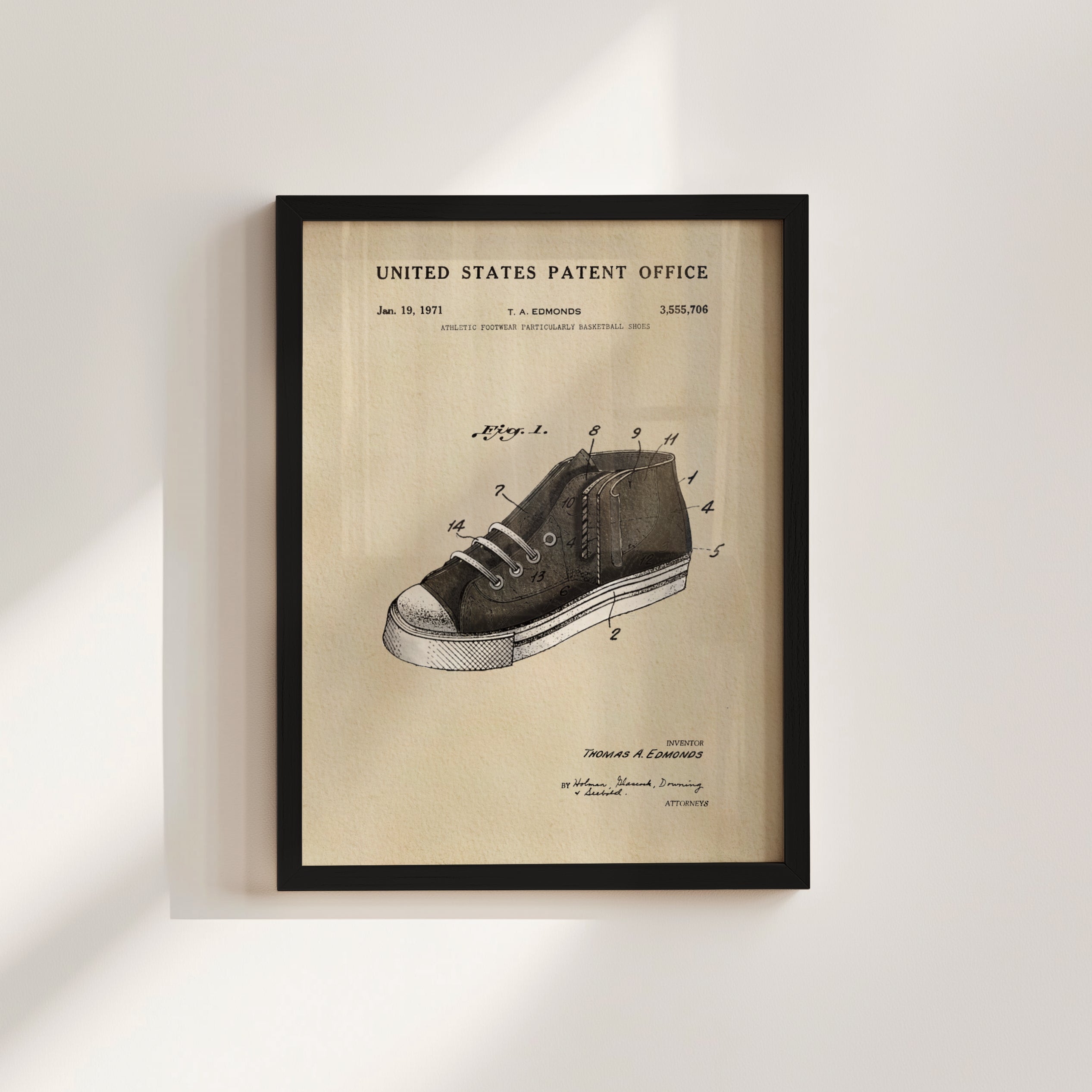 The image is a framed patent drawing of a shoe, depicting the design and features of the shoe.