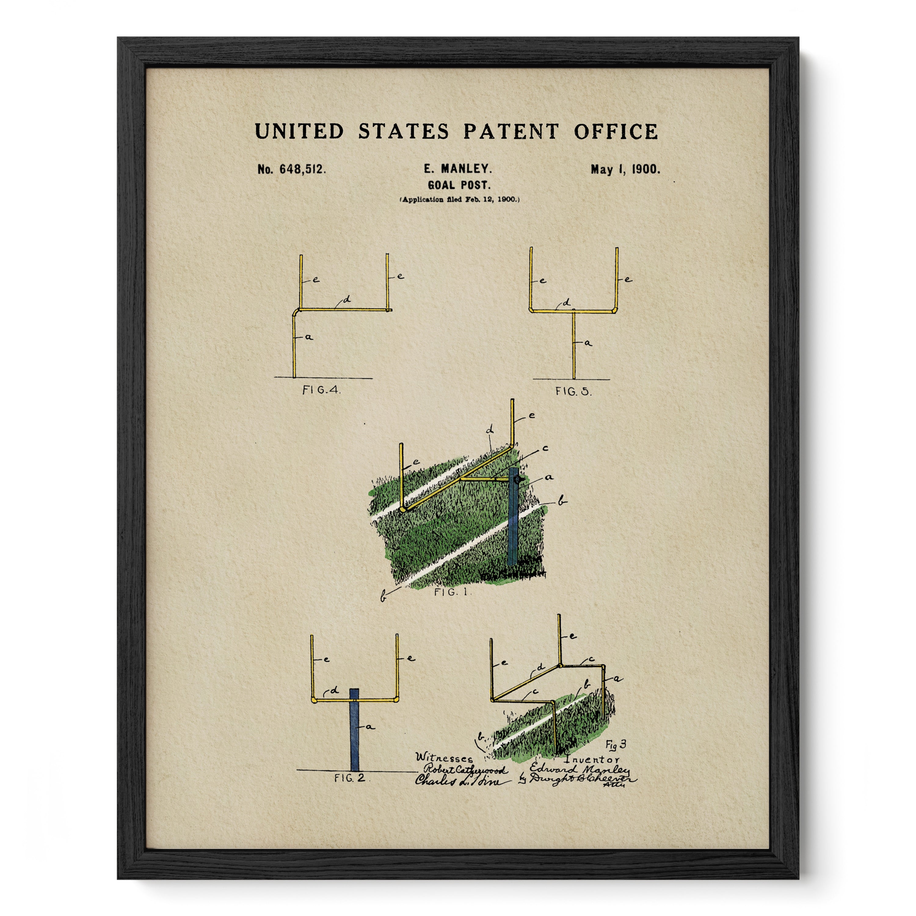 The image is a framed print of a United States patent office patent from 1900, featuring a detailed illustration of a football goal post.