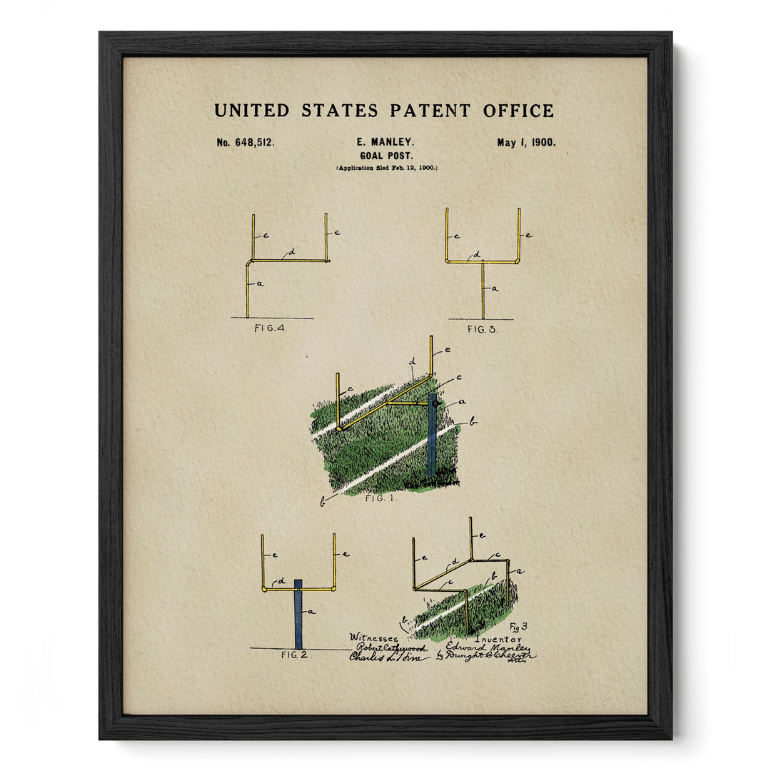 The image is a framed print of a United States patent office patent from 1900, featuring a detailed illustration of a football goal post.