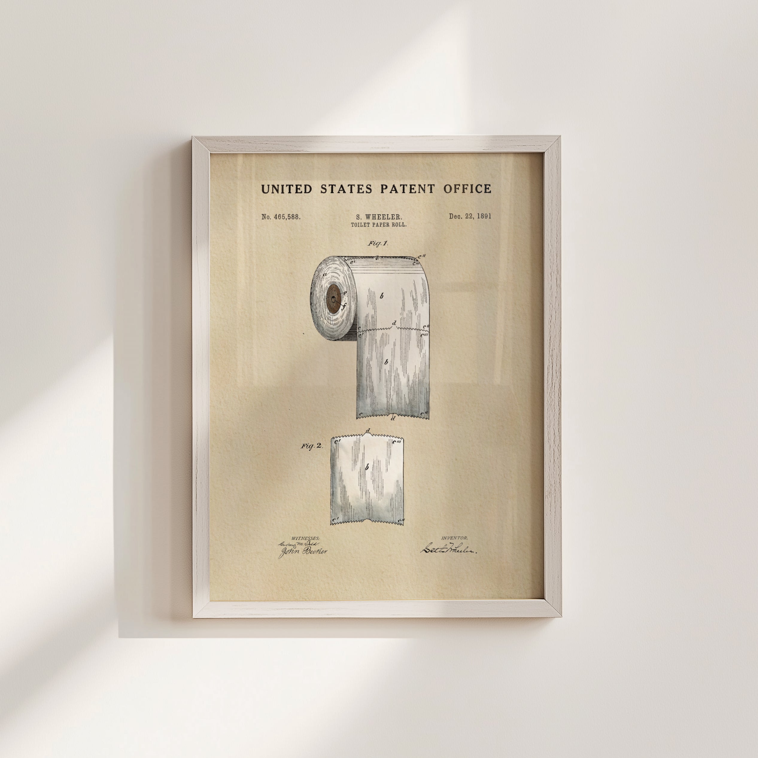 The image is a framed print of a United States patent from December 22, 1901, depicting a toilet roll.
