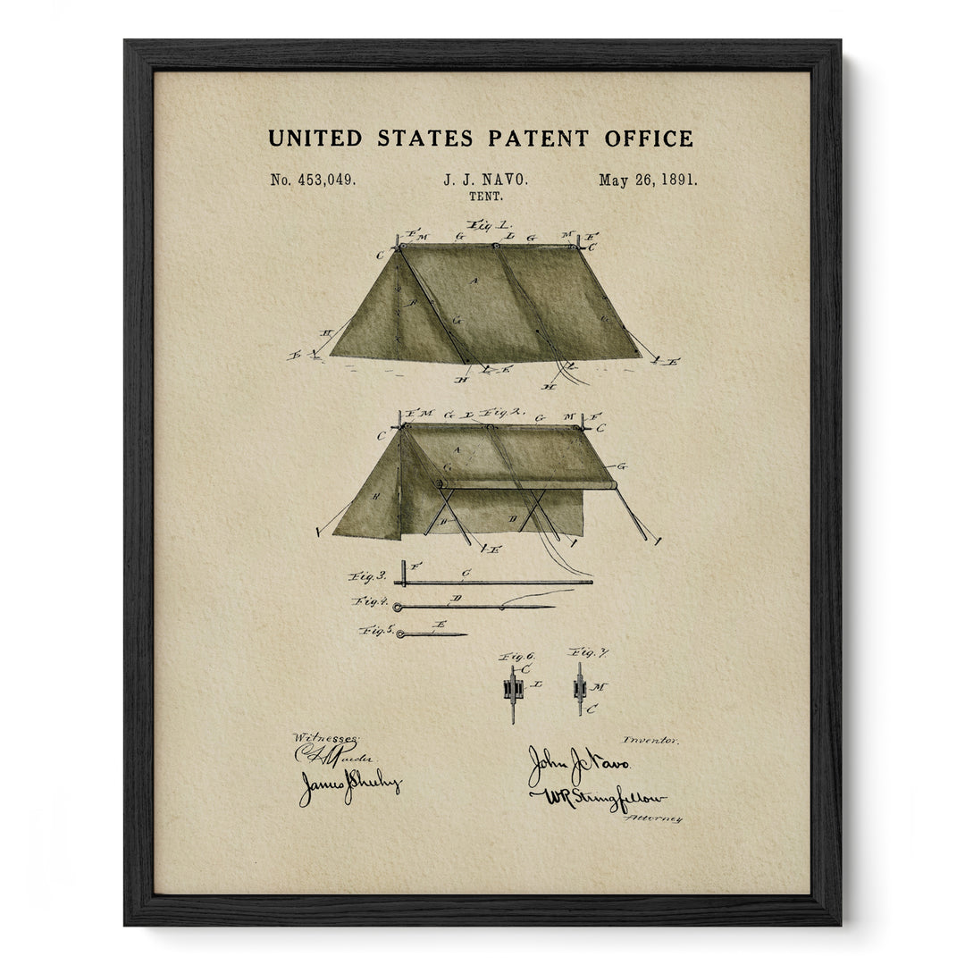 The image is a framed vintage patent drawing of a tent, depicting the design and construction of the tent.