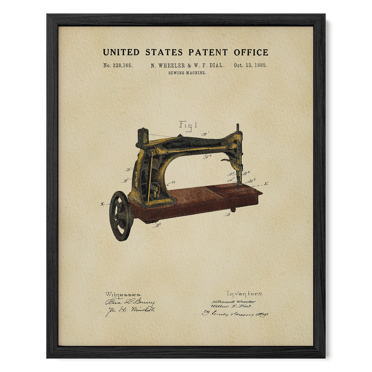 The image is a framed print of a sewing machine patent from the United States Patent Office, dated October 13, 1885.