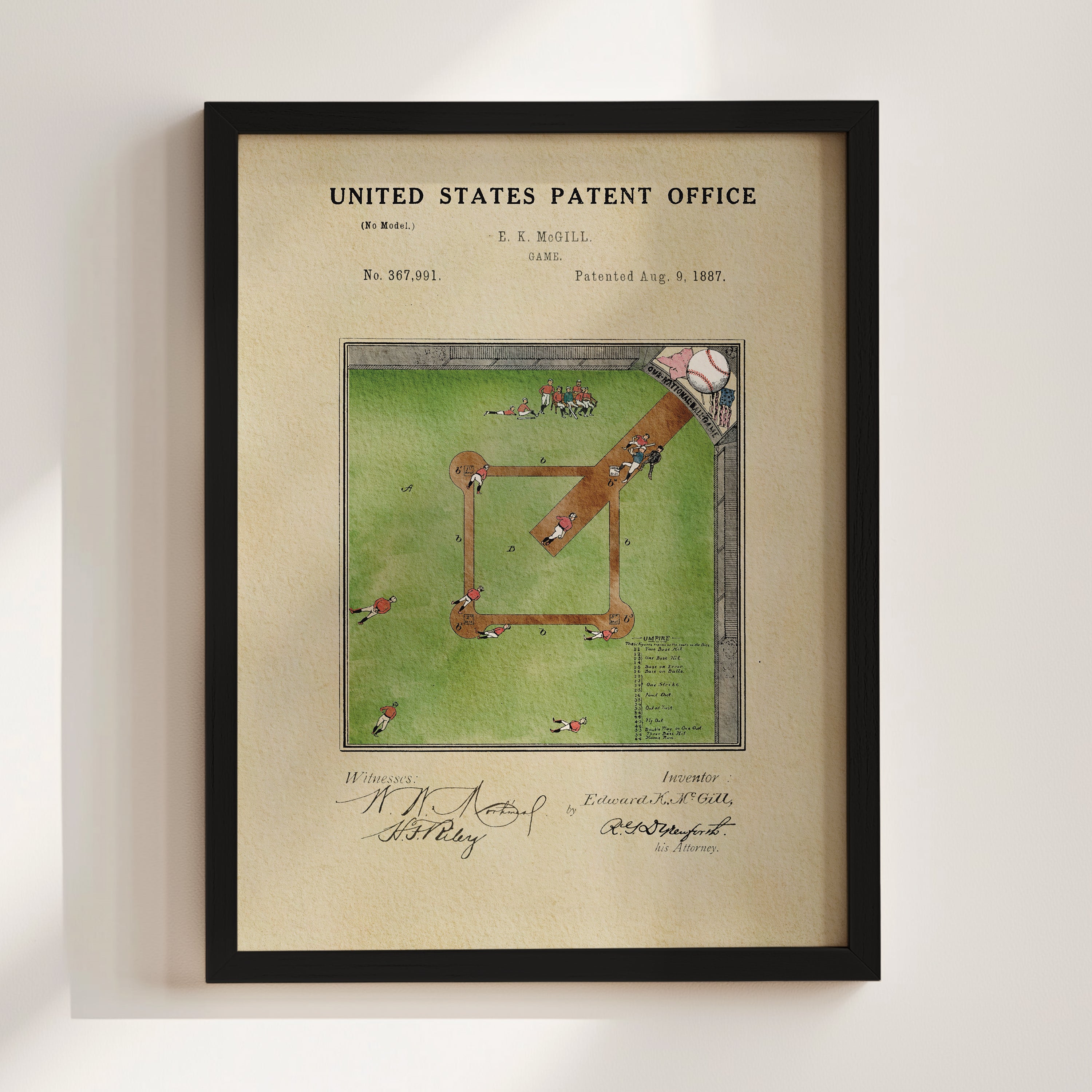 The image is a framed print of a baseball field with a baseball and a baseball bat, along with a signature and text indicating it is a patent from the United States Patent Office.