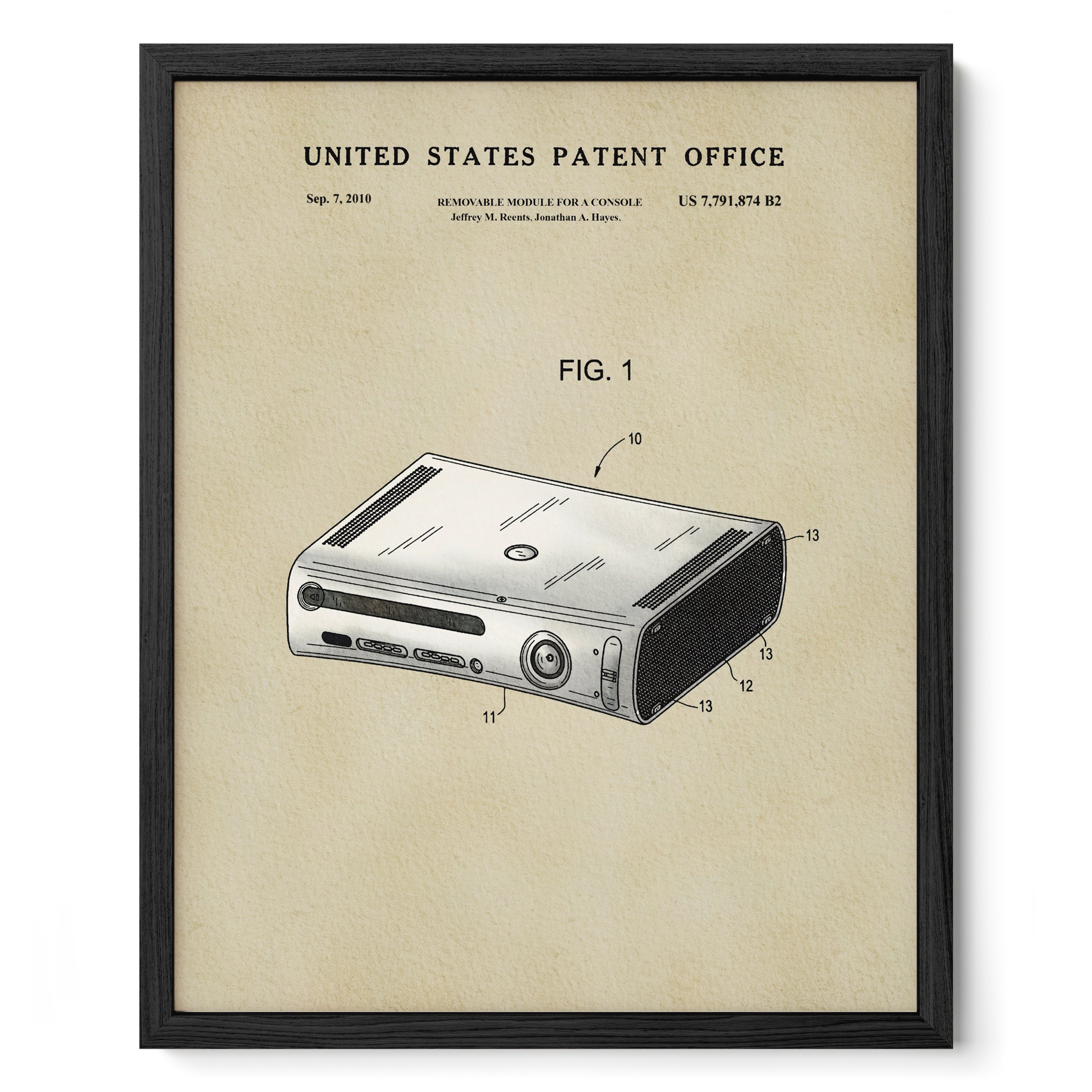 The image is a framed patent drawing of a Wii console, depicting the console's design and features.