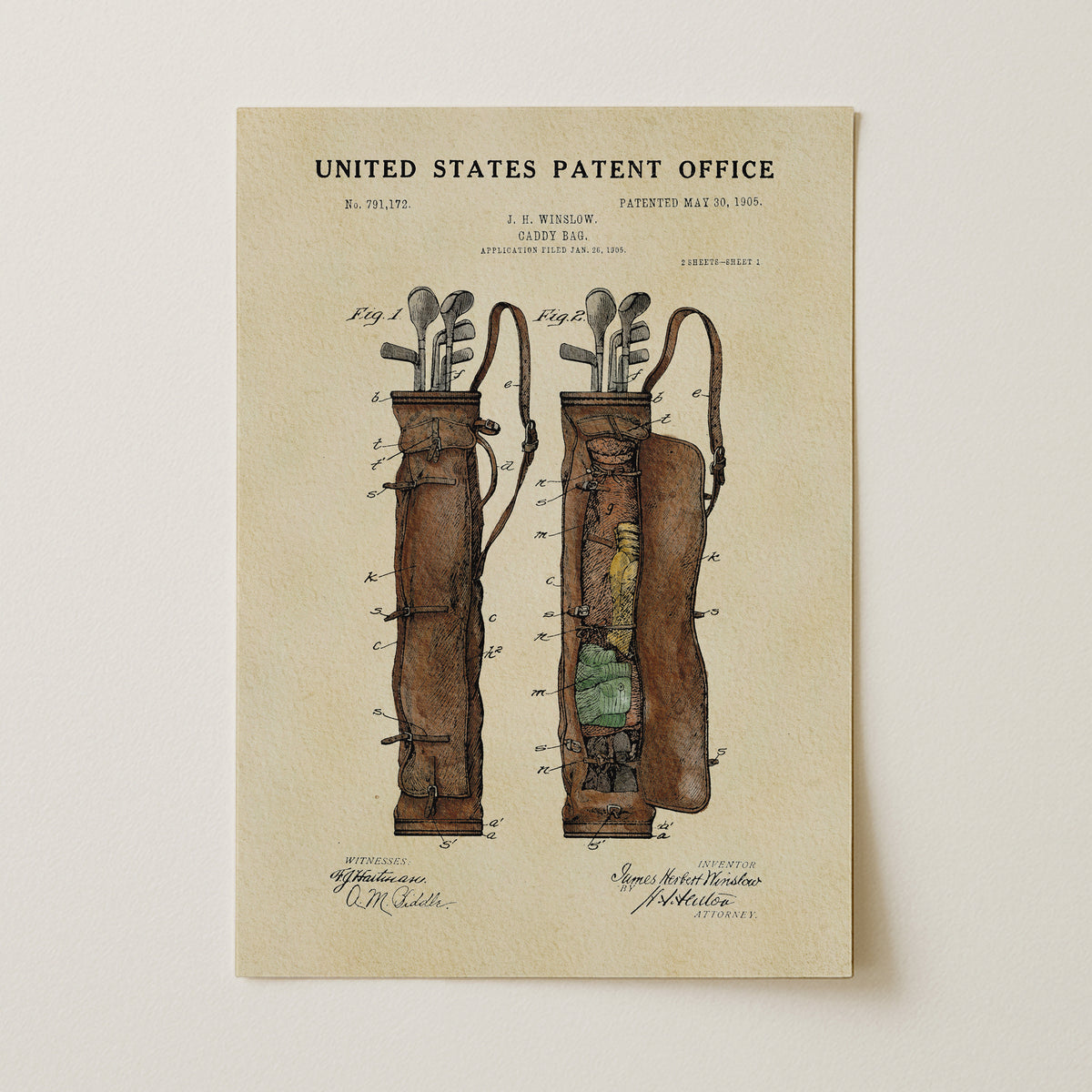 The image is a patent drawing from the United States Patent Office, depicting a golf bag with a detailed illustration of its components.