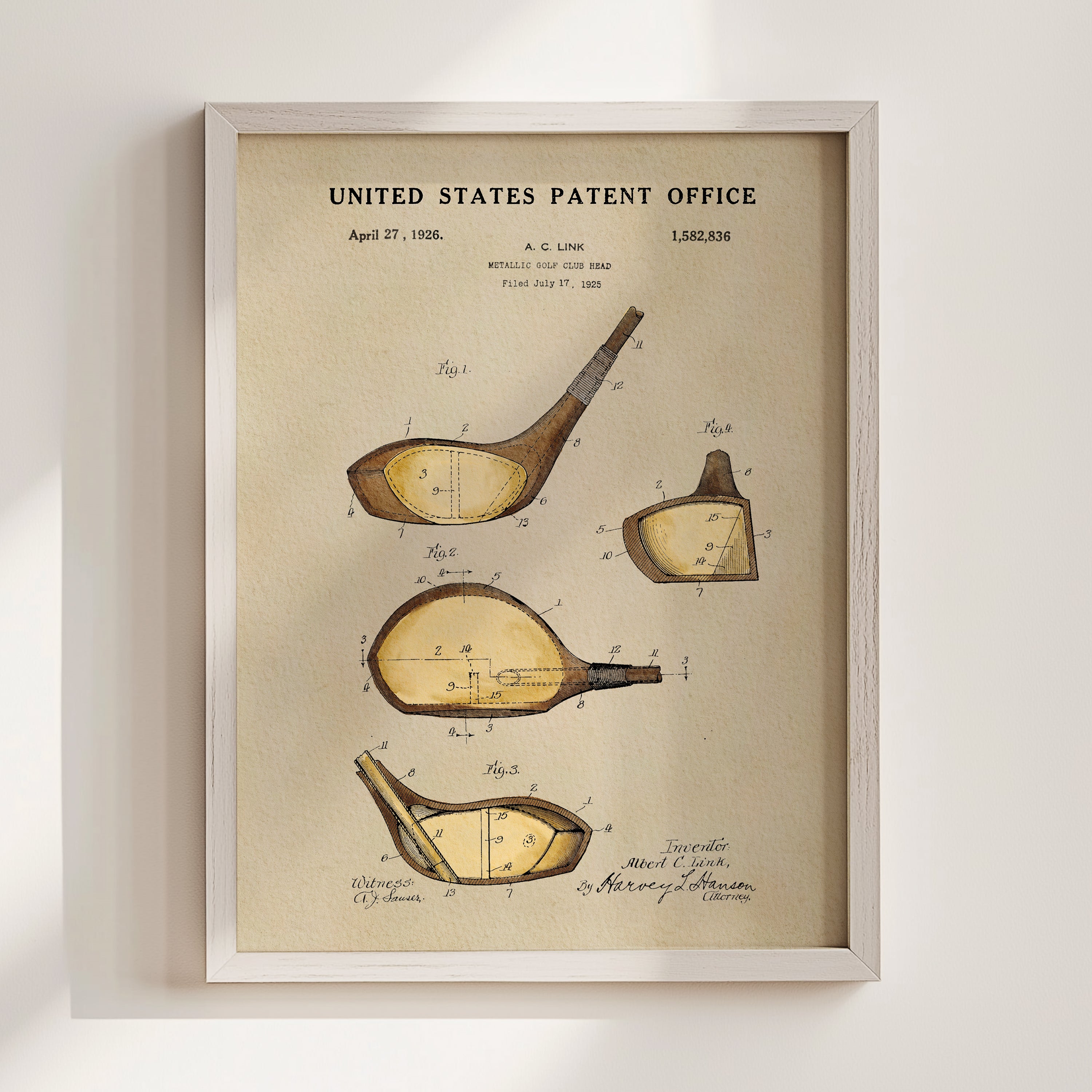 The image is a framed vintage patent drawing depicting a golf club head with detailed technical drawings and annotations.