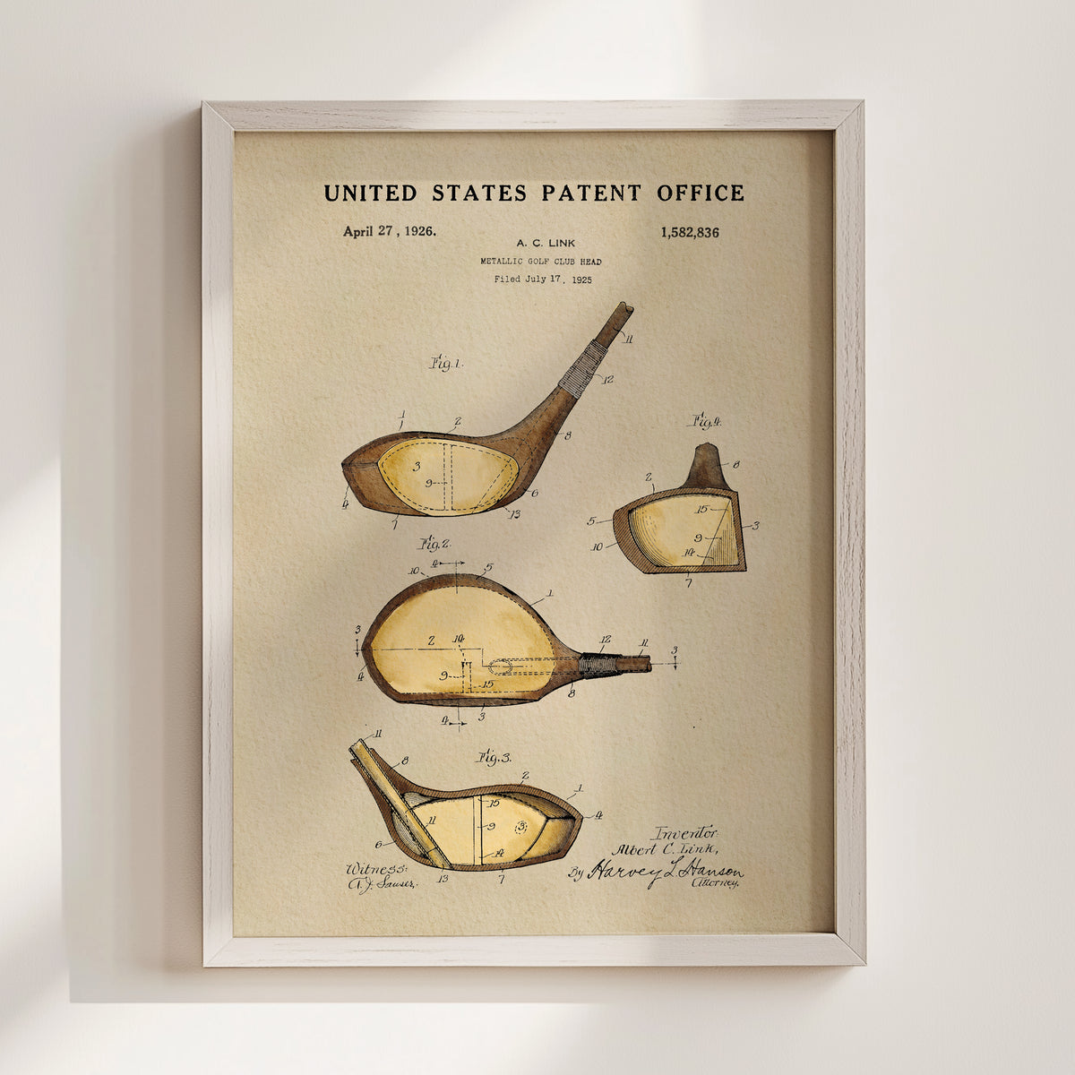 The image is a framed vintage patent drawing depicting a golf club head with detailed technical drawings and annotations.