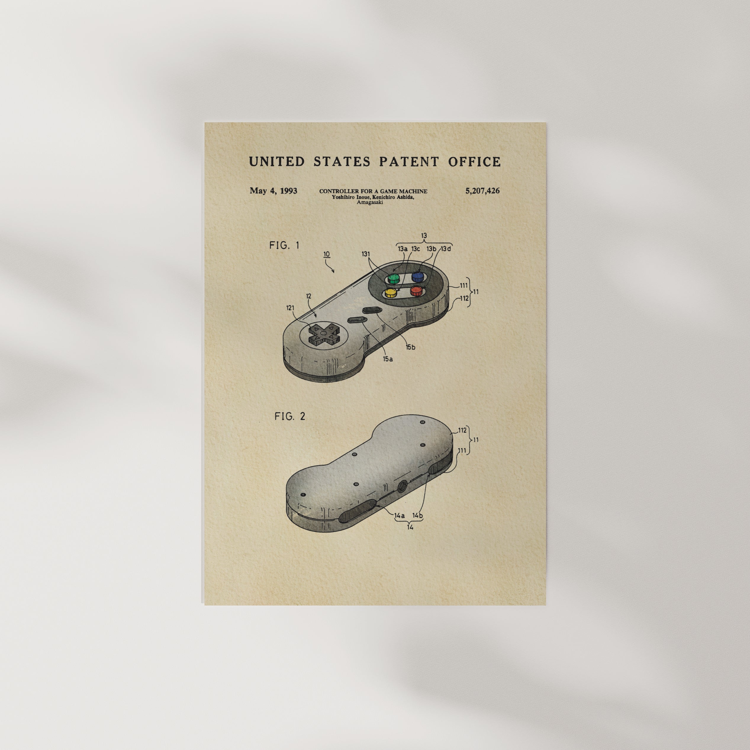 The image is a patent drawing of a video game controller, specifically a joystick, with technical drawings and specifications.