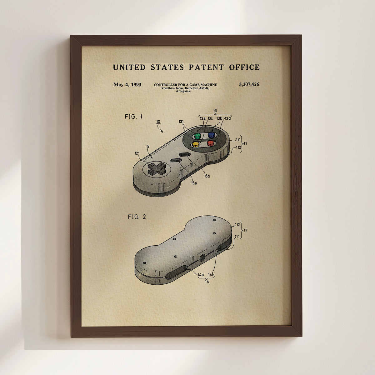 The image is a framed patent drawing depicting a video game controller, specifically a Nintendo controller, with detailed technical drawings and specifications.