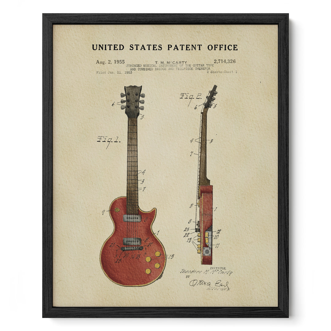 The image is a framed patent drawing of a red electric guitar, depicting the design and features of the guitar.