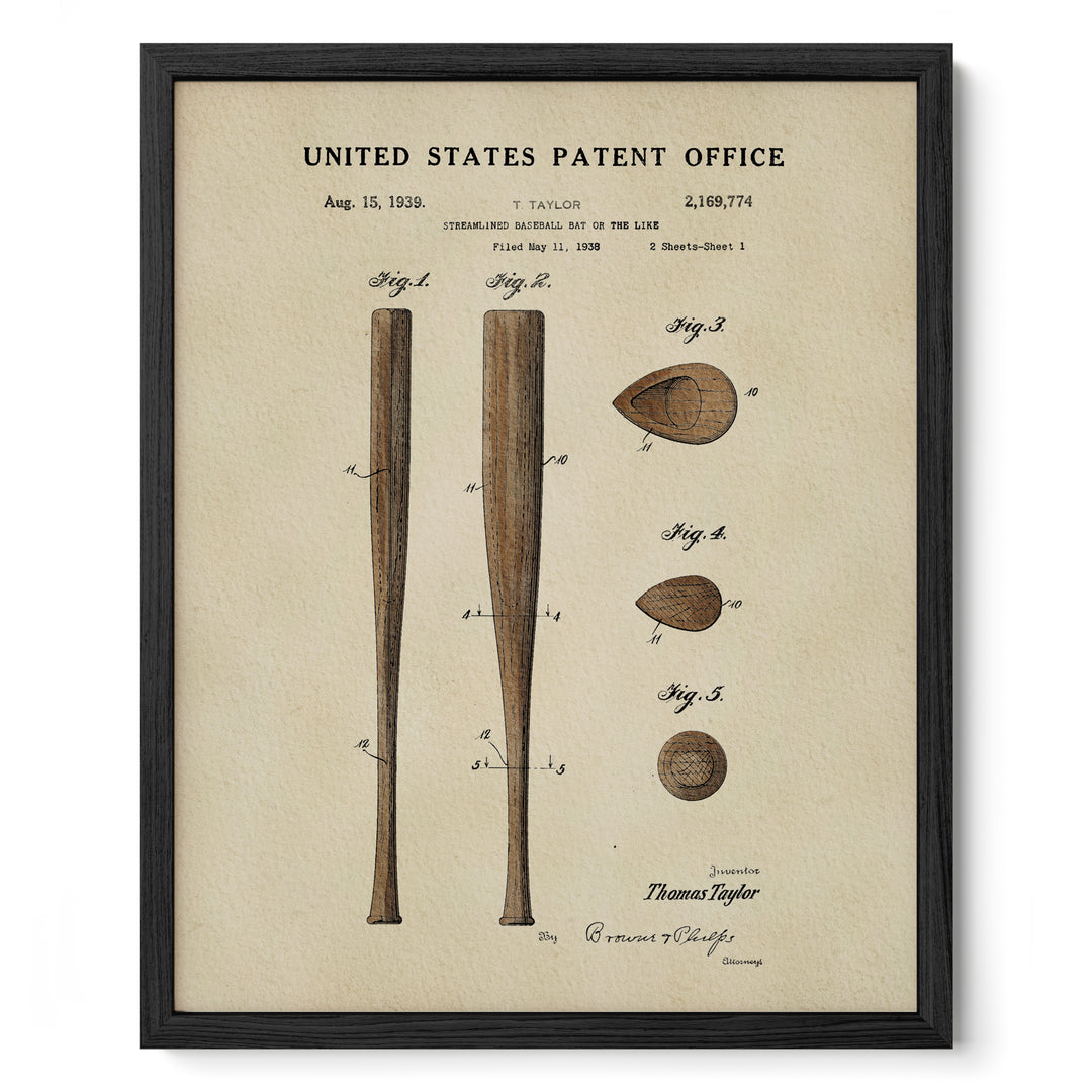 The image is a framed print depicting a baseball bat from the United States Patent Office, dated August 15, 1938.