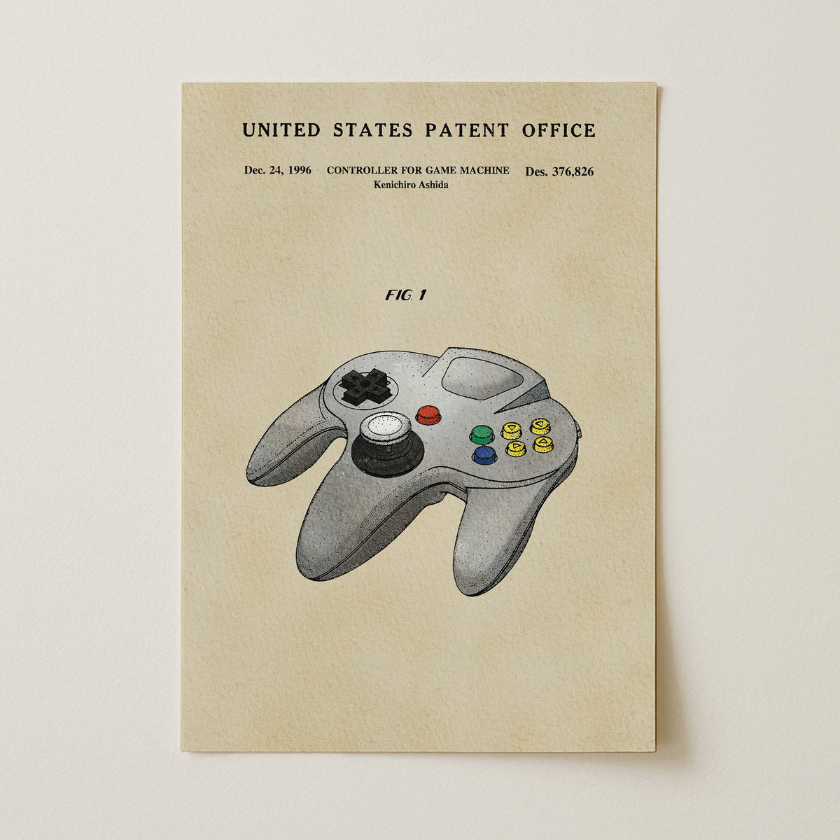 The image is a patent application for a Nintendo 64 game machine, dated December 24, 1996, and it features a detailed illustration of the controller.
