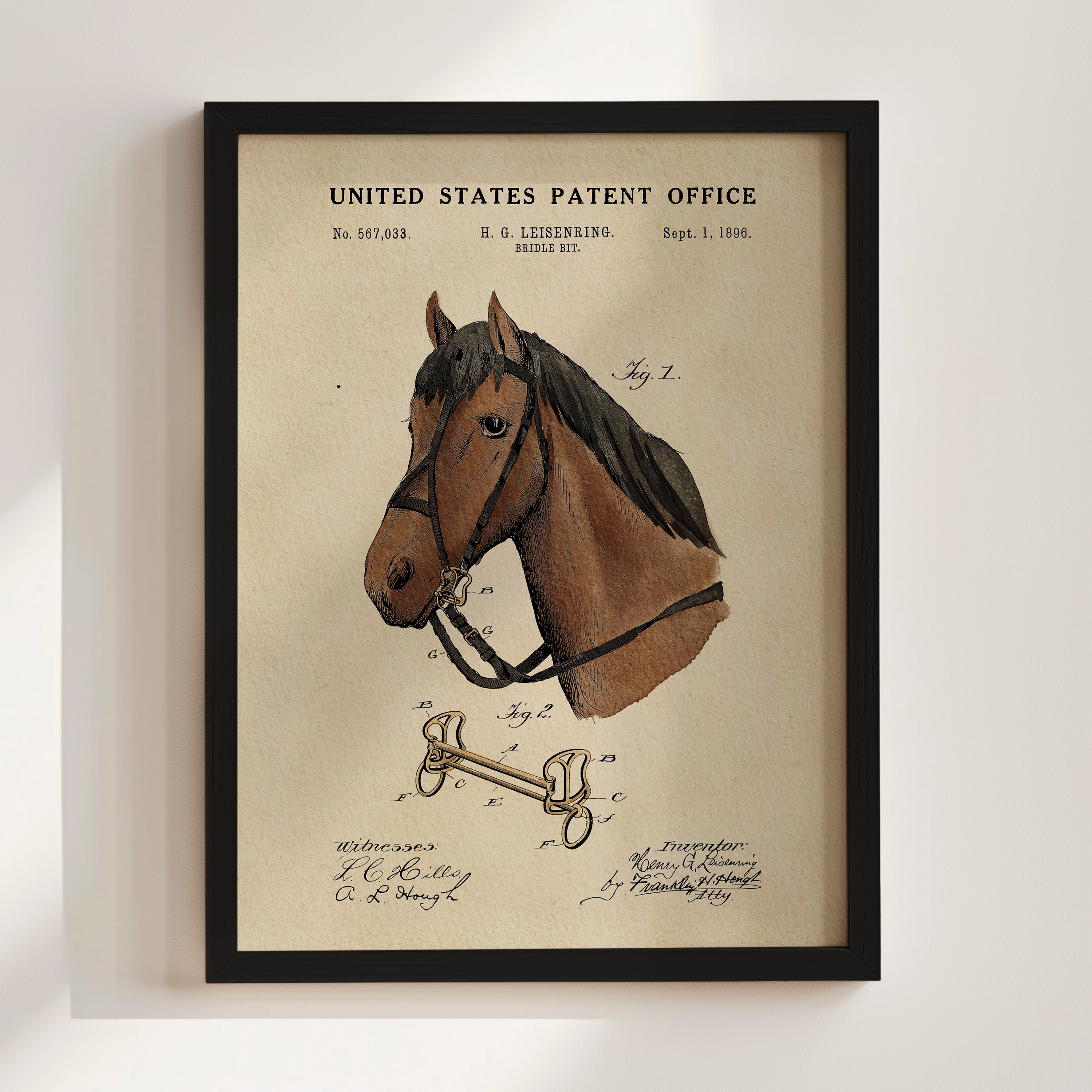 The image is a framed patent drawing of a horse, depicting a detailed illustration of the horse's head and harness.