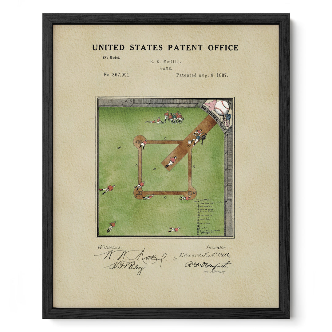 The image is a framed patent drawing depicting a baseball game, with players on the field and a baseball bat.