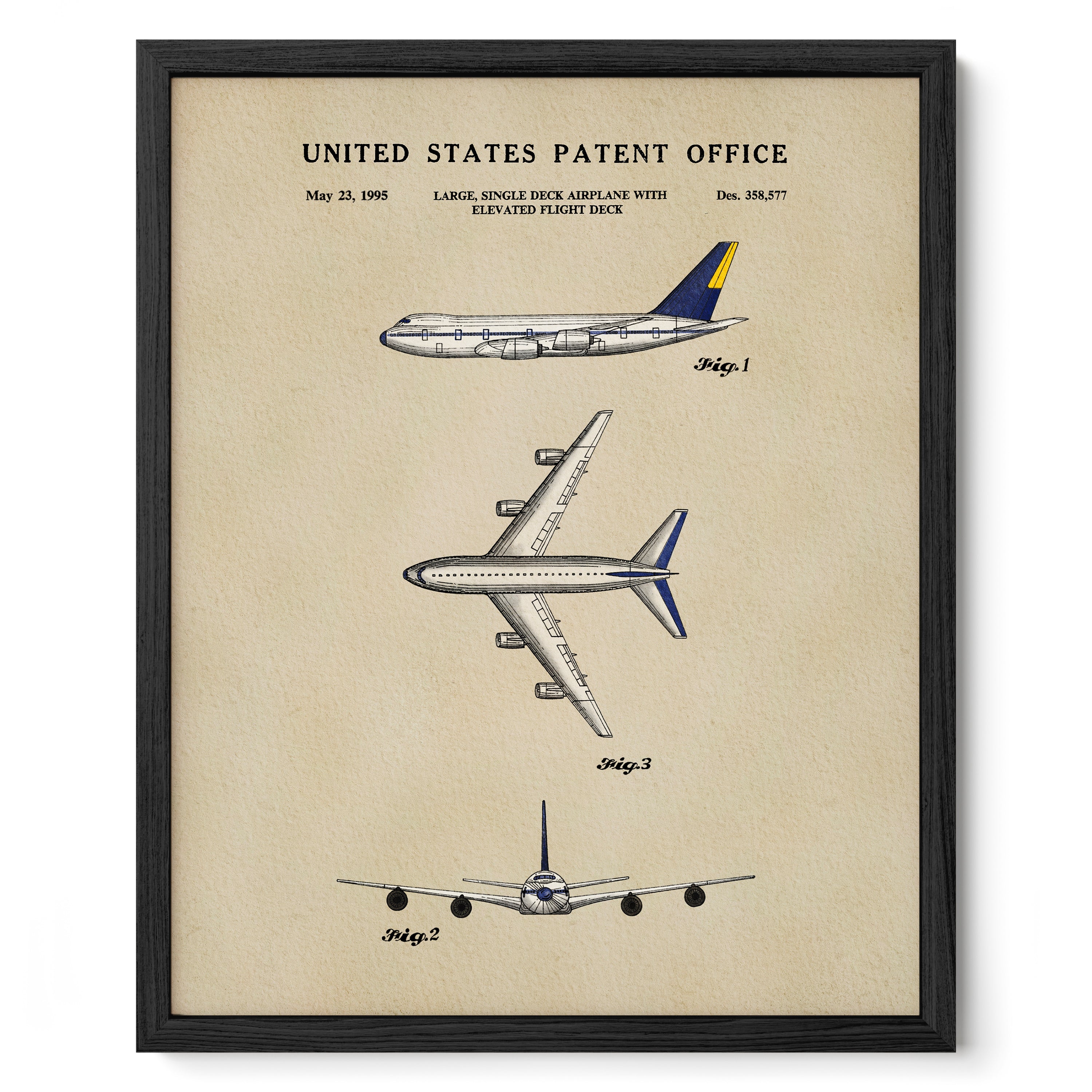 The image is a framed patent drawing depicting three different airplanes, including a large single-deck airplane with an elevated flight deck.