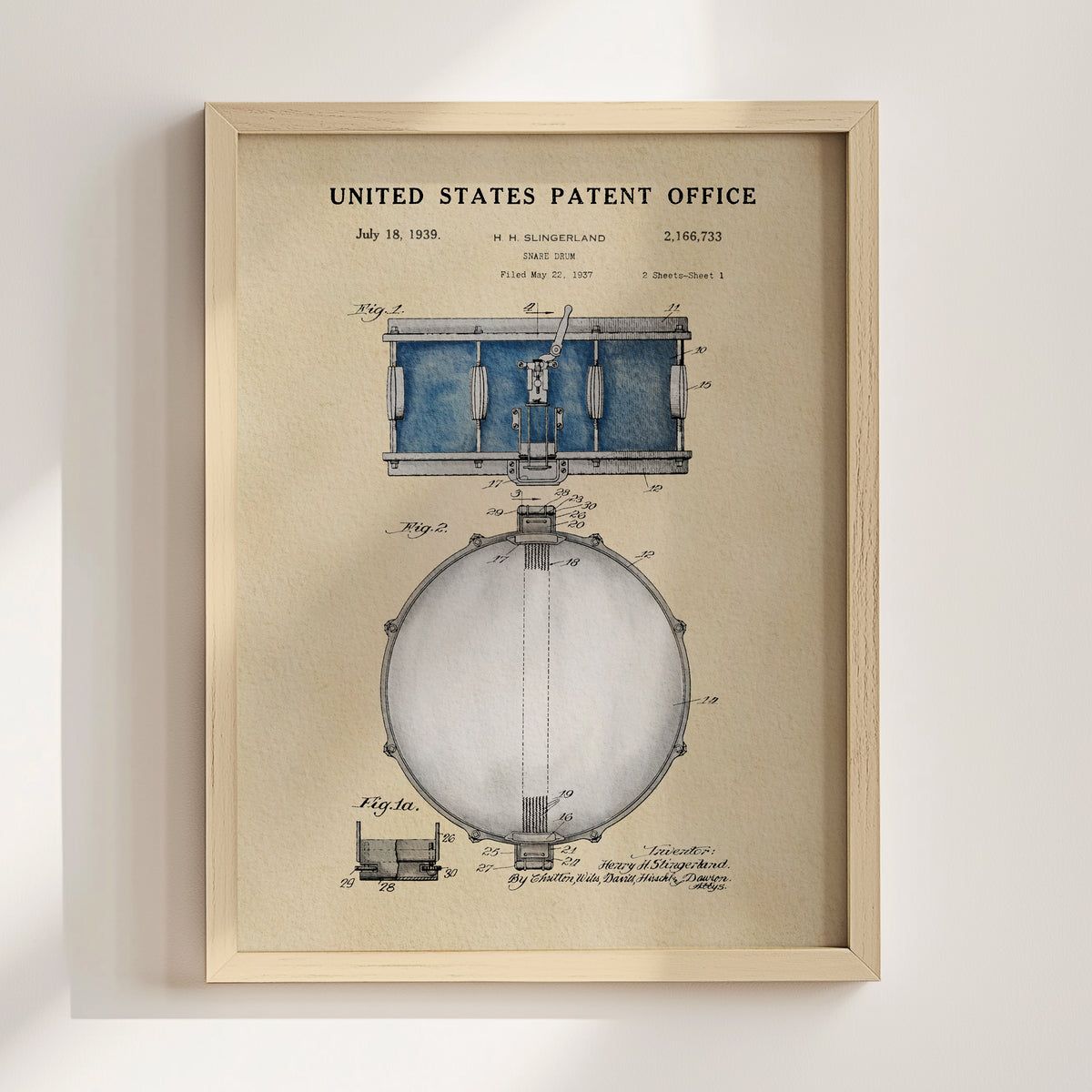 The image is a framed patent drawing depicting a drum set, with detailed technical drawings and specifications.