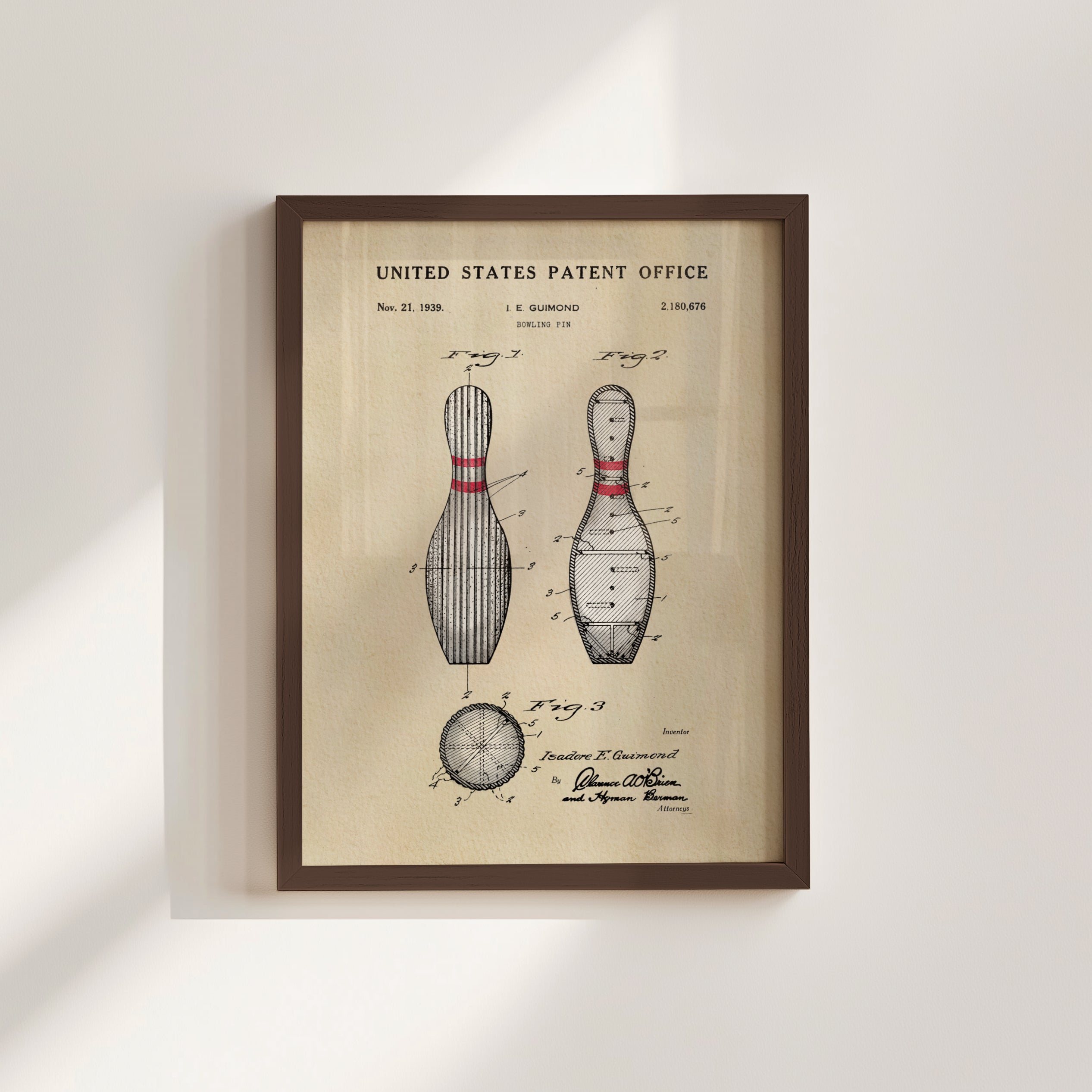 The image is a framed patent drawing of a bowling pin, depicting the design and features of the pin in a vintage style.