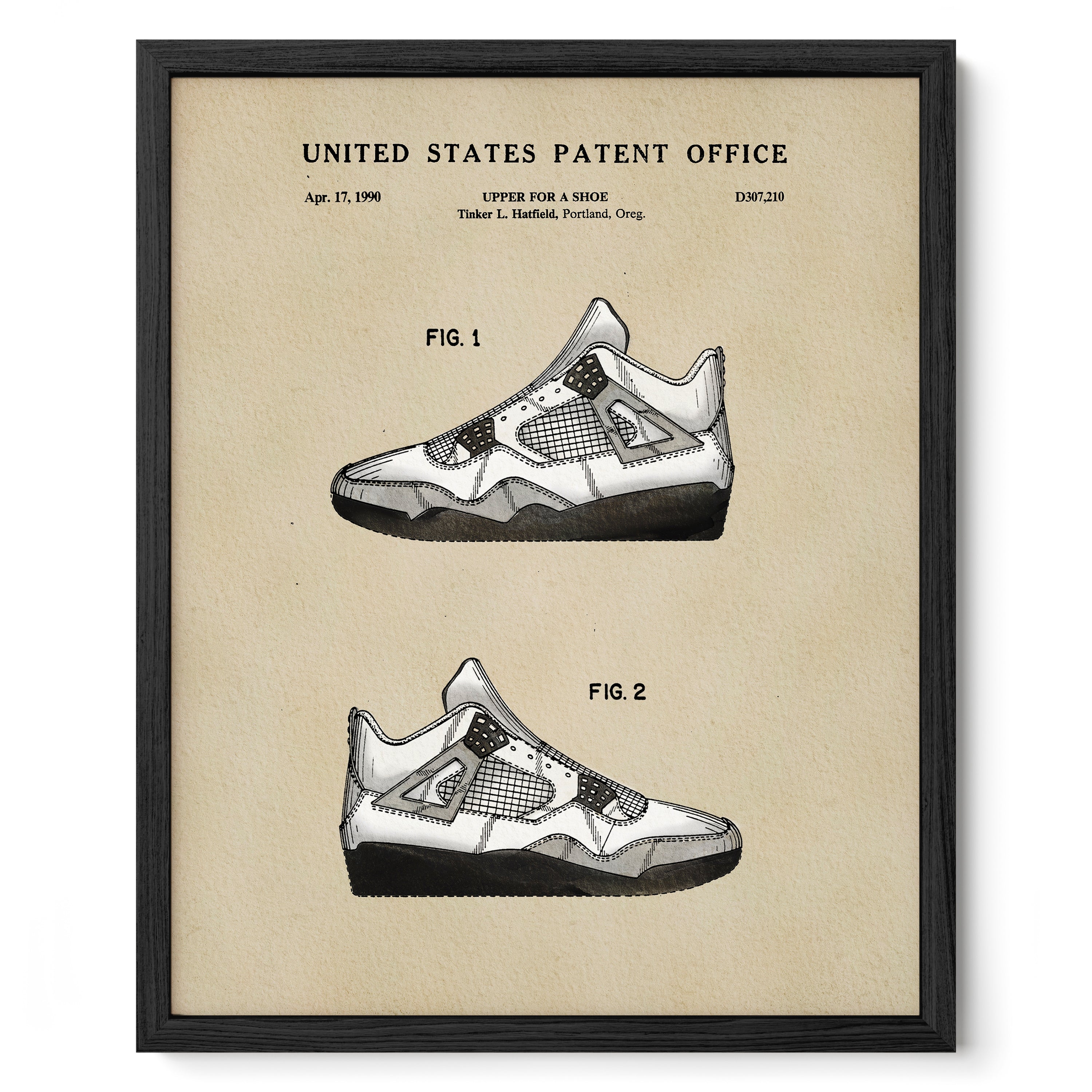 The image is a framed print depicting two illustrations of a shoe, likely from the United States Patent Office.