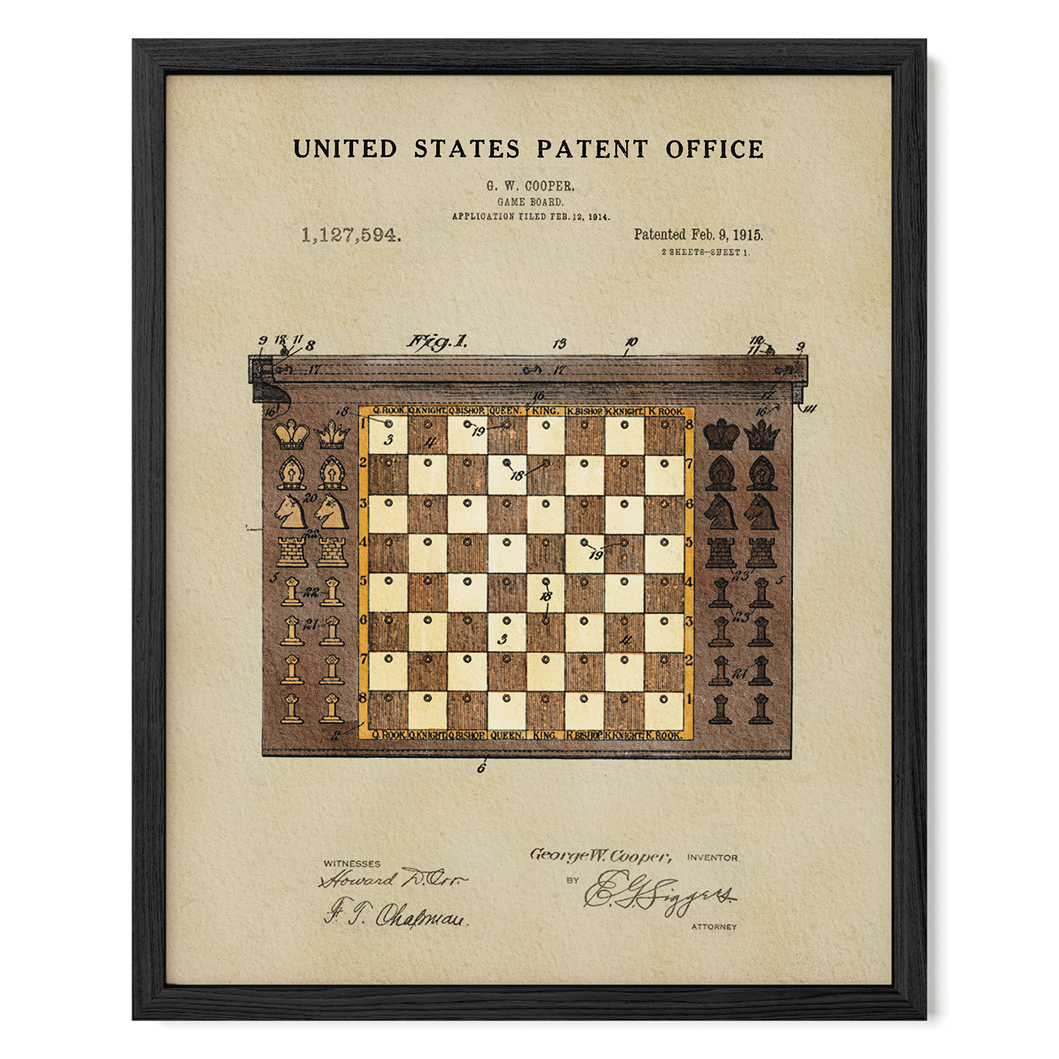 The image is a framed patent drawing of a chess board with a chess piece, depicting a chess game.