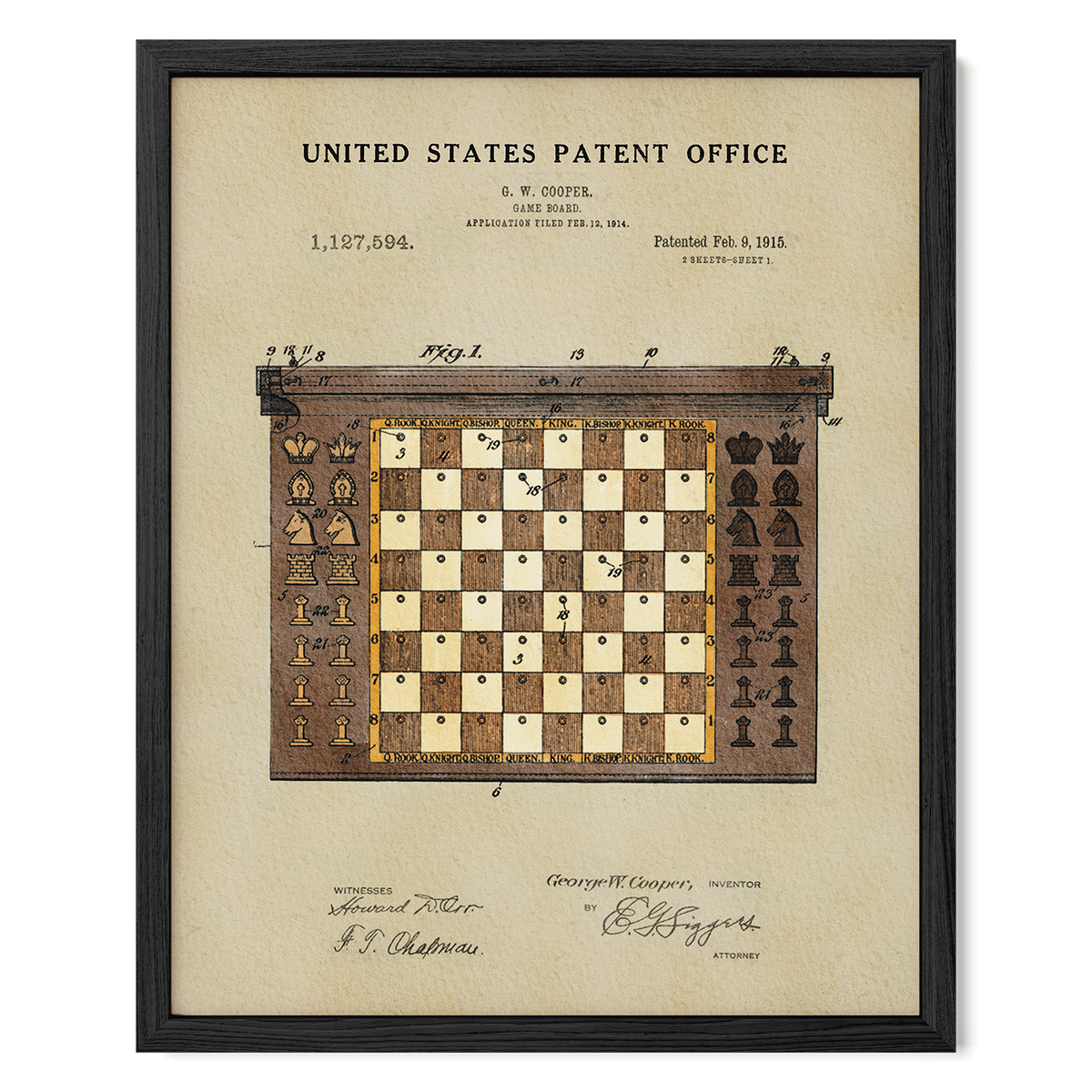 The image is a framed patent drawing of a chess board with a chess piece, depicting a chess game.