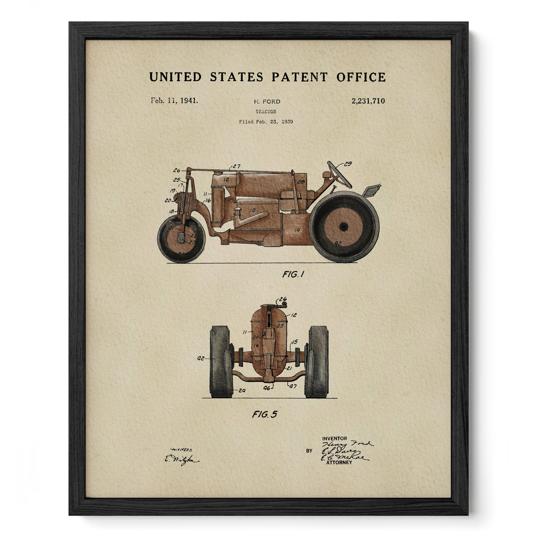 The image is a framed patent drawing of a tractor, depicting its design and features.