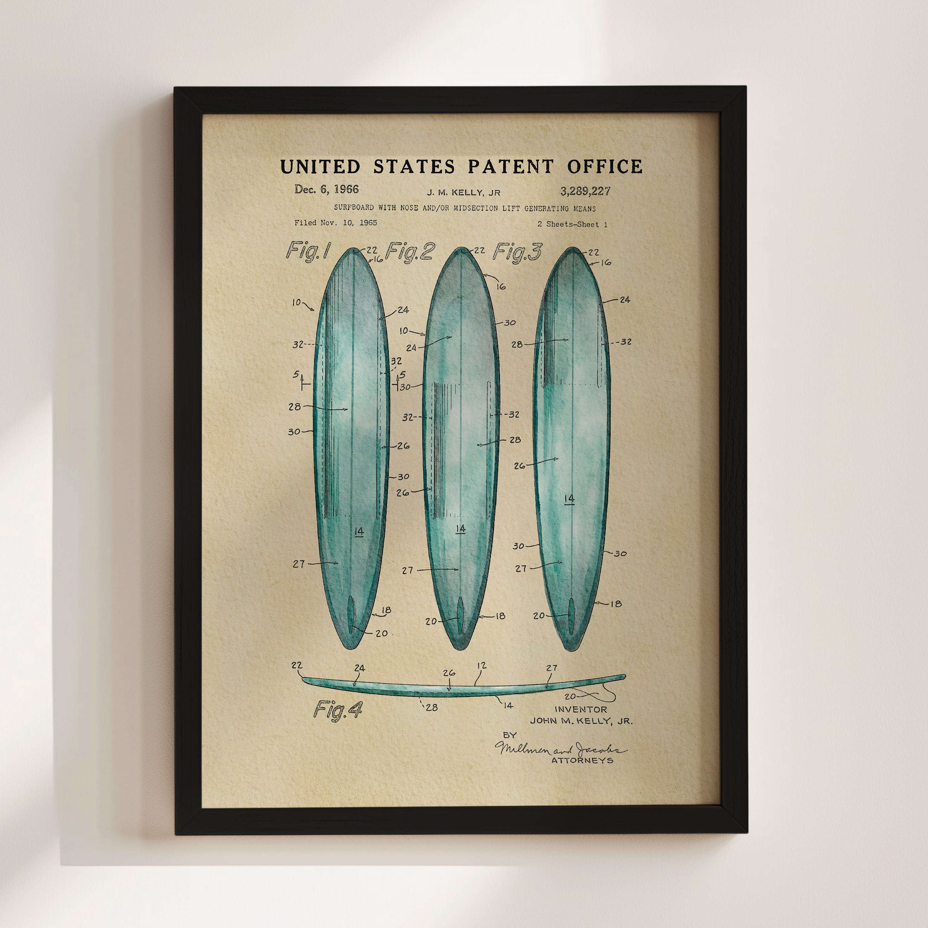 The image is a framed print of a United States patent office patent from December 6, 1966, featuring three blue surfboards with detailed technical drawings and labels.