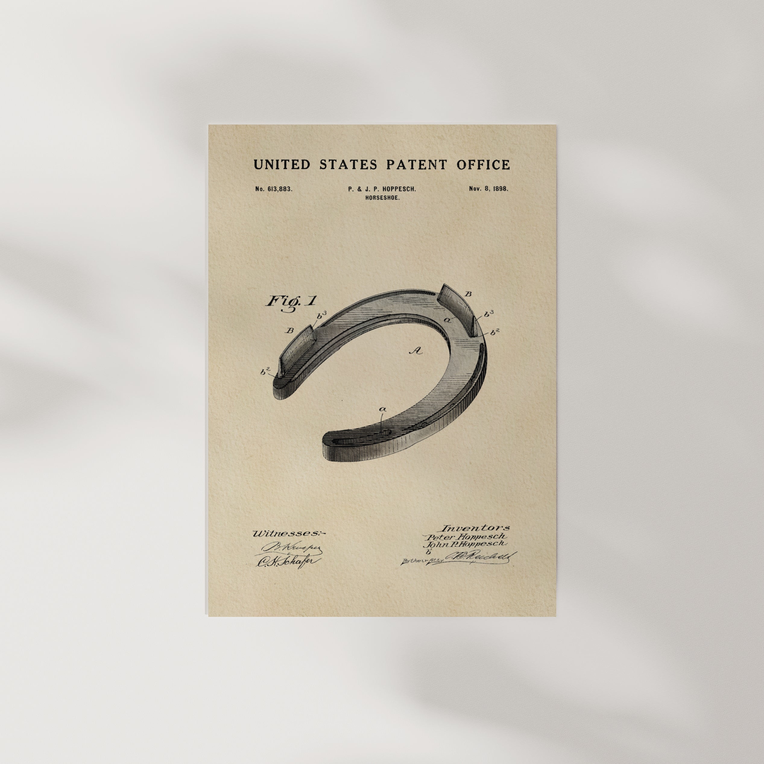 The image is a vintage United States patent office patent drawing of a horseshoe, dated November 8, 1883.