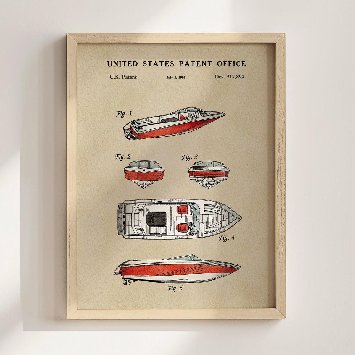 The image is a framed print of a United States patent office patent from January 1, 1901, with the title "United States Patent Office" at the top. The print features various illustrations of boats, including a red and white boat, a blue and white boat, and a red and white boat.