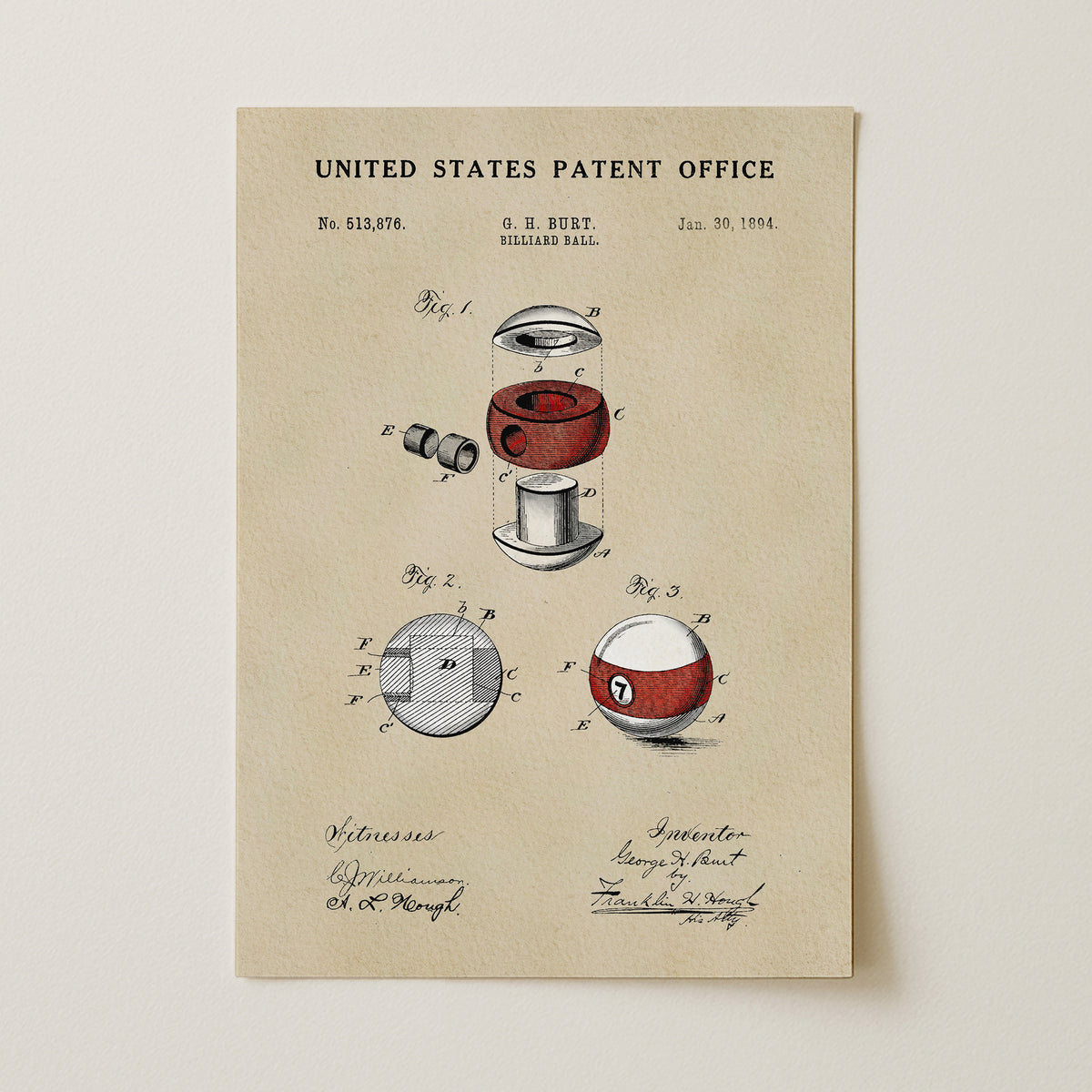 The image is a patent drawing from the United States Patent Office, depicting a red and white ball with a hole in the center, along with other technical drawings and annotations.