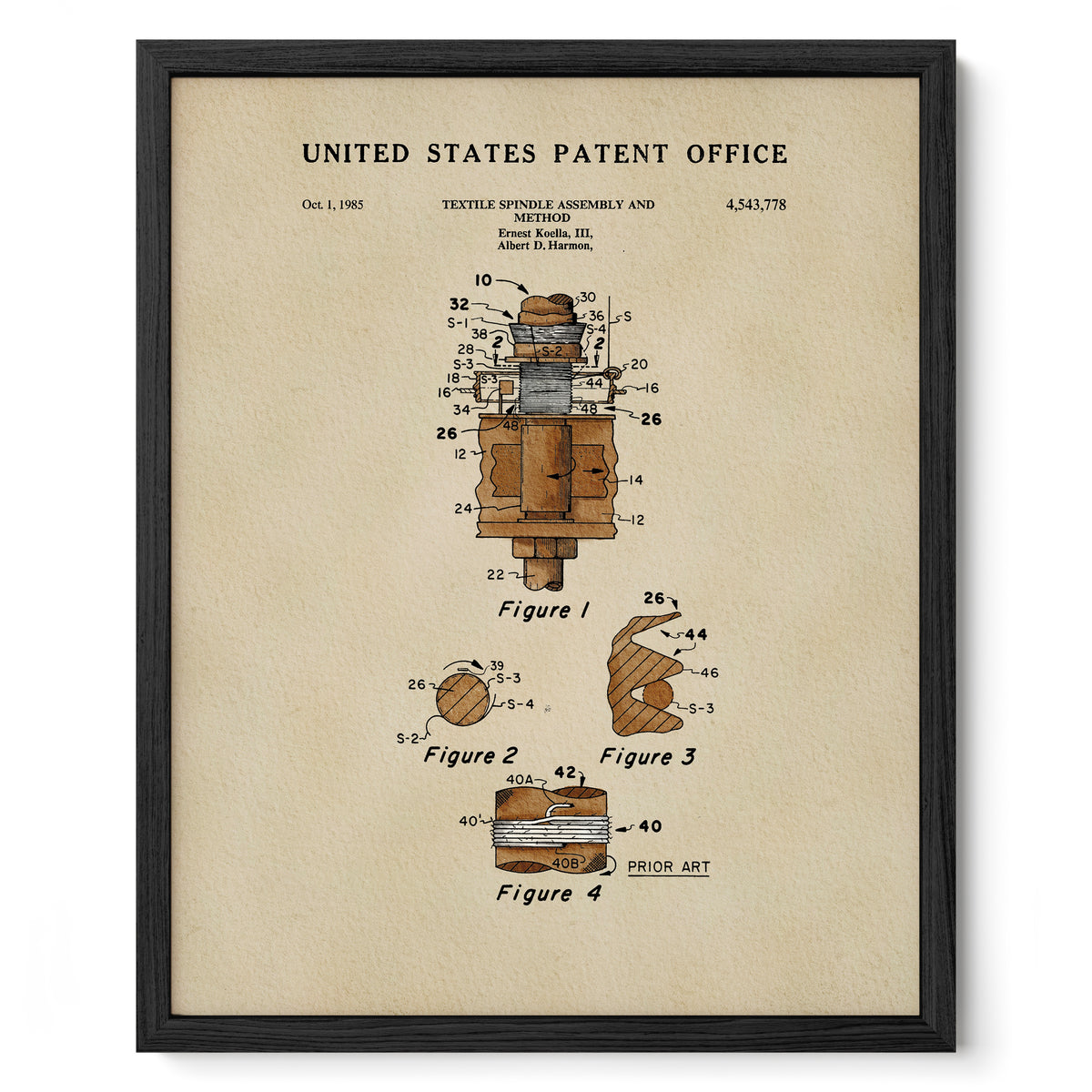 The image is a framed patent drawing from the United States Patent Office, depicting a textile spindle apparatus and a metamaterial.