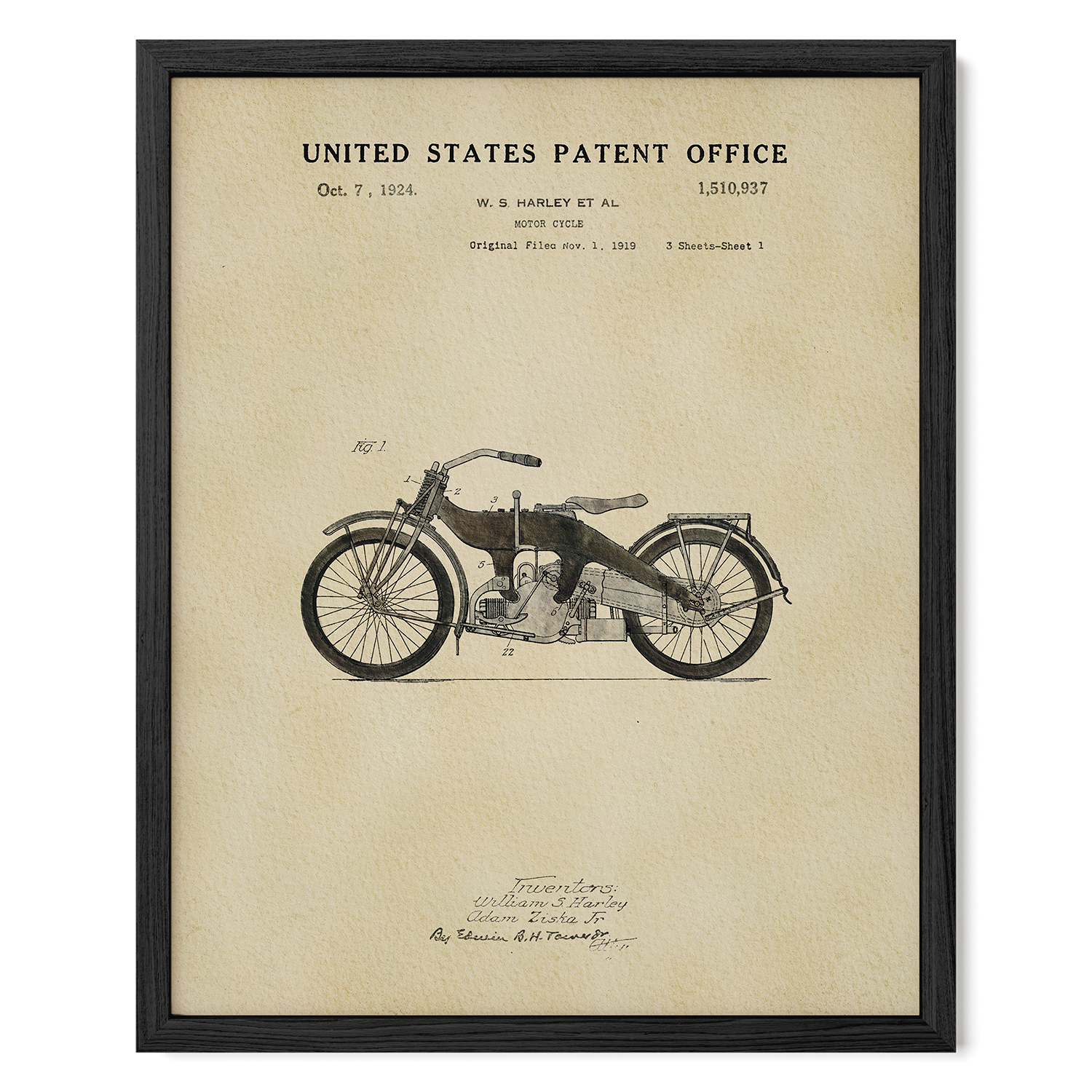 The image is a framed patent drawing of a motorcycle from the United States Patent Office, dated October 7, 1924.