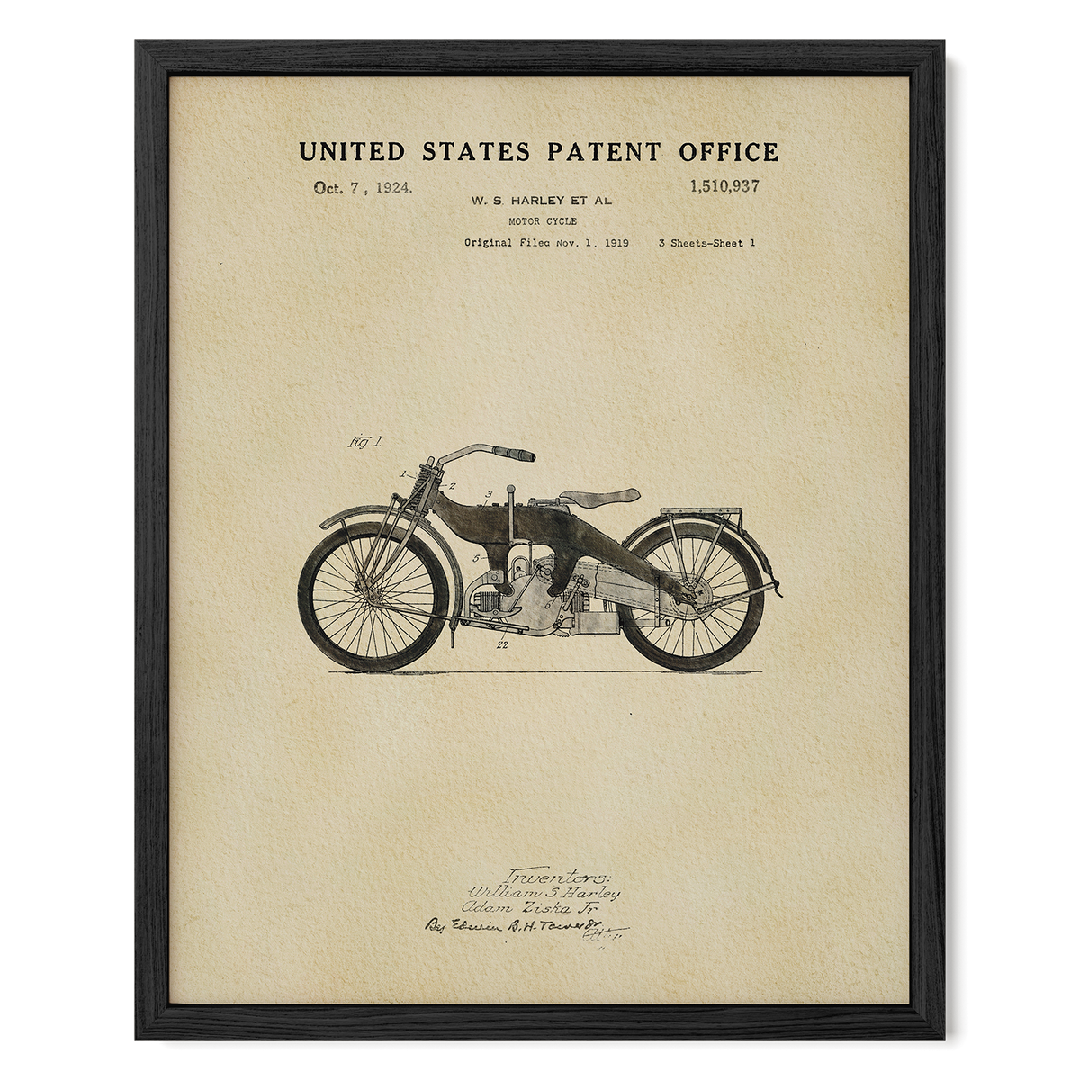 The image is a framed patent drawing of a motorcycle from the United States Patent Office, dated October 7, 1924.