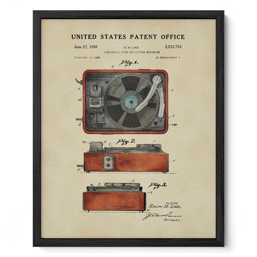 The image is a framed patent drawing depicting a vintage record player with a turntable and speaker.