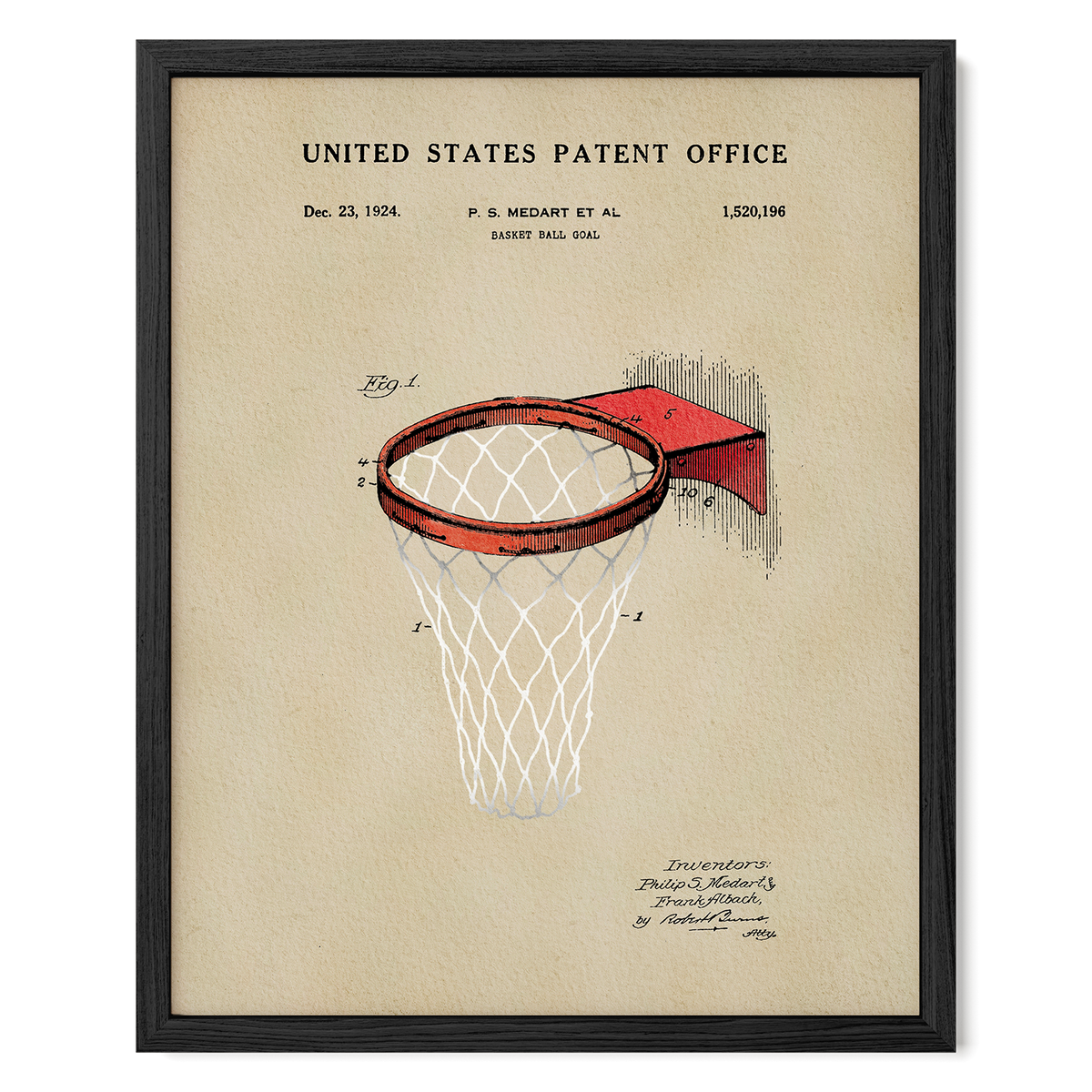 A framed patent drawing of a basketball hoop with a net, depicting the original design of the basketball hoop.