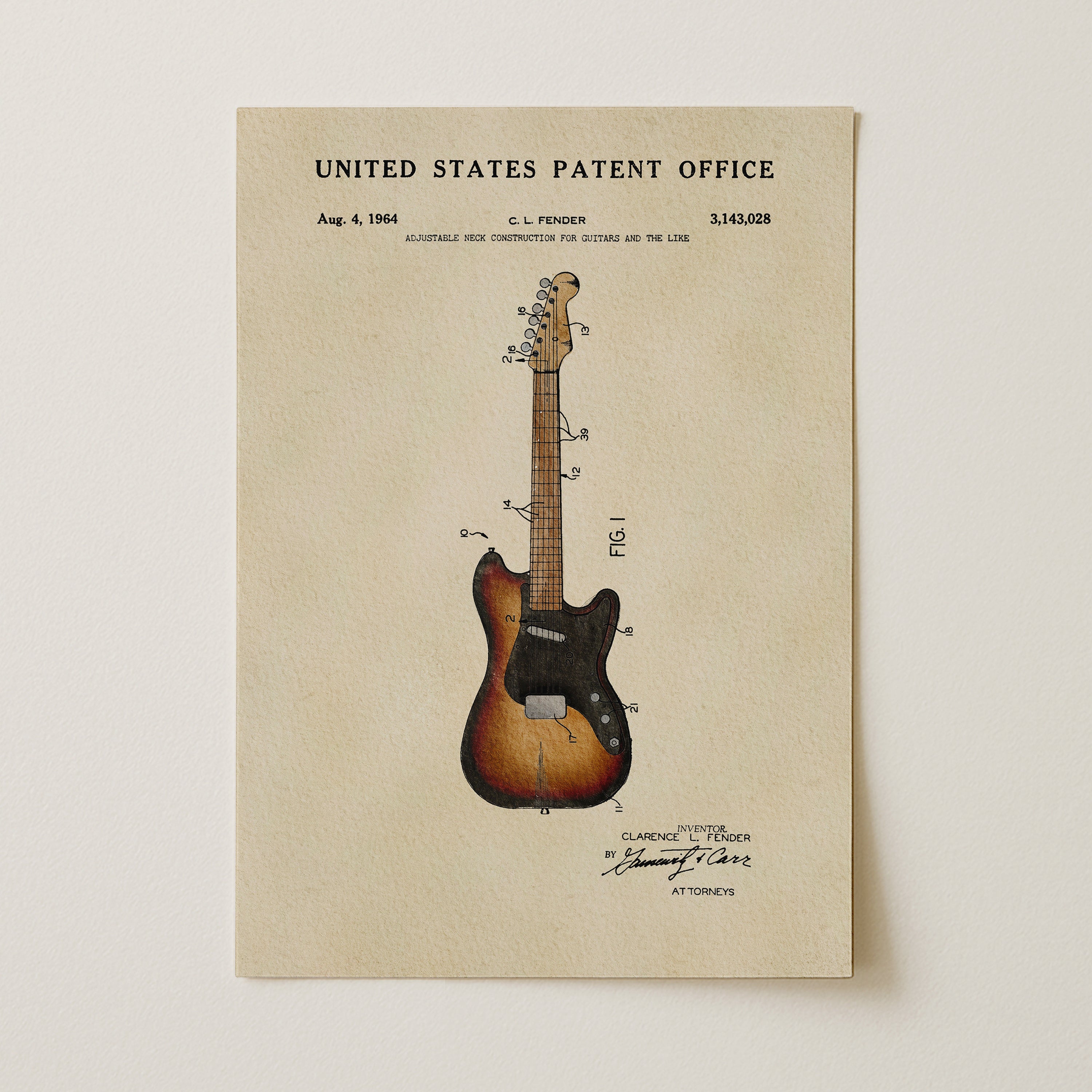 The image is a patent application for the Fender electric guitar, dated Aug. 4, 1964, and valued at 3,142,828 US dollars.