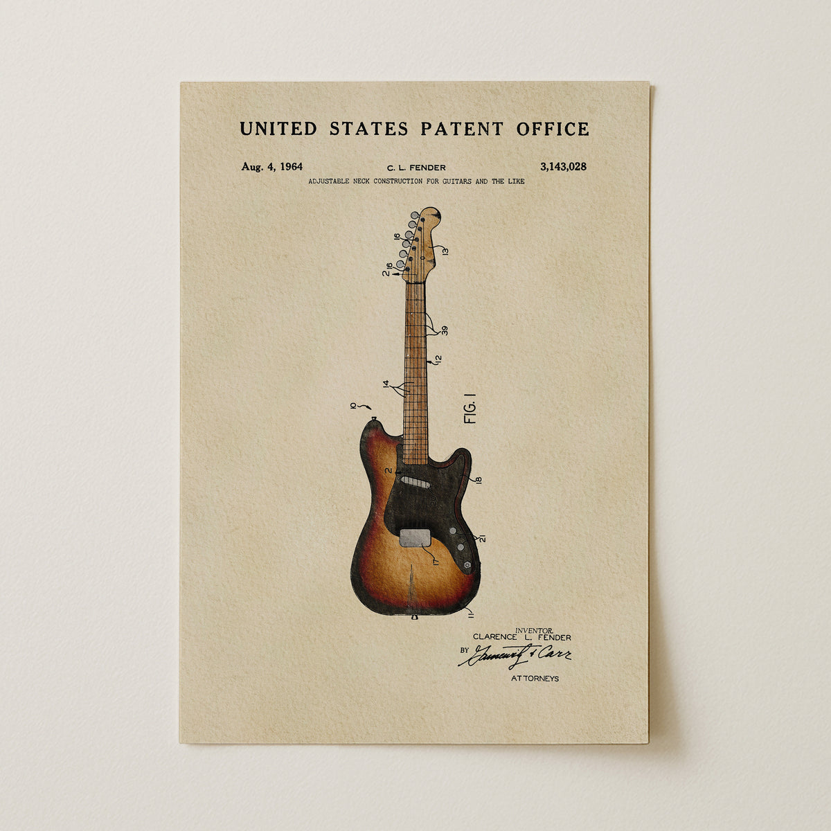 The image is a patent application for the Fender electric guitar, dated Aug. 4, 1964, and valued at 3,142,828 US dollars.