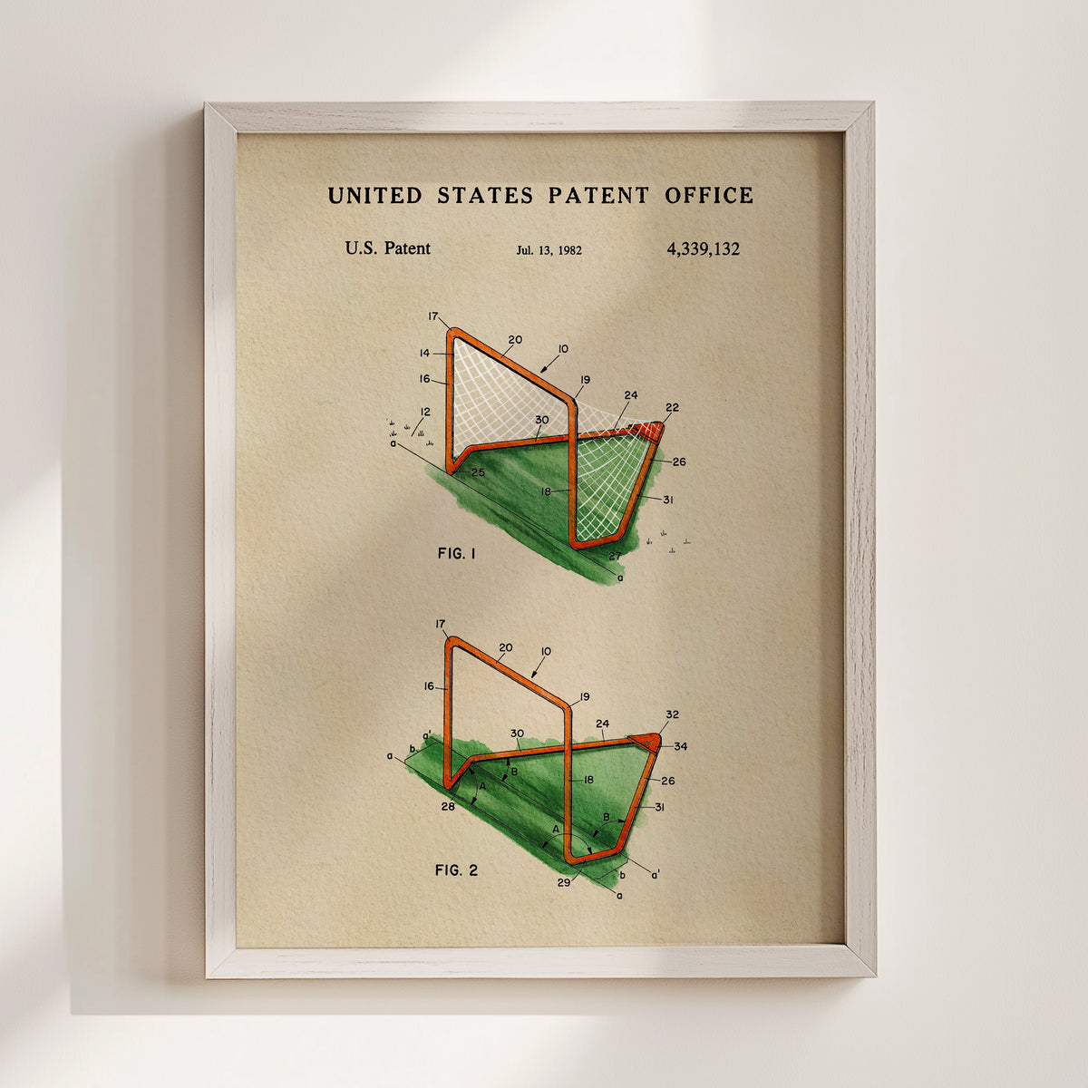 The image is a framed poster depicting a U.S. Patent Office patent from 1982, featuring a technical drawing of a soccer goal.