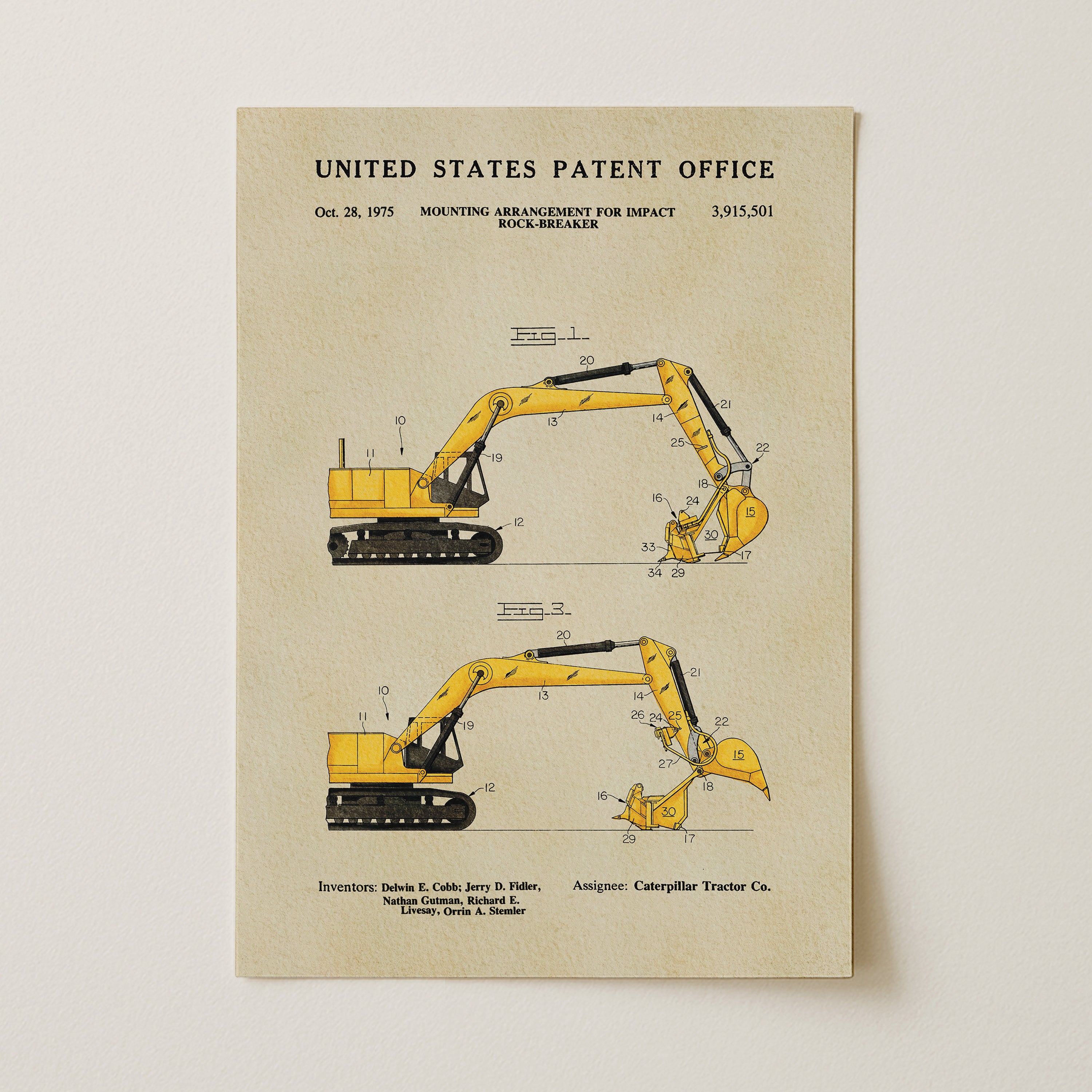 The image is a patent drawing of a yellow excavator, depicting its design and features.