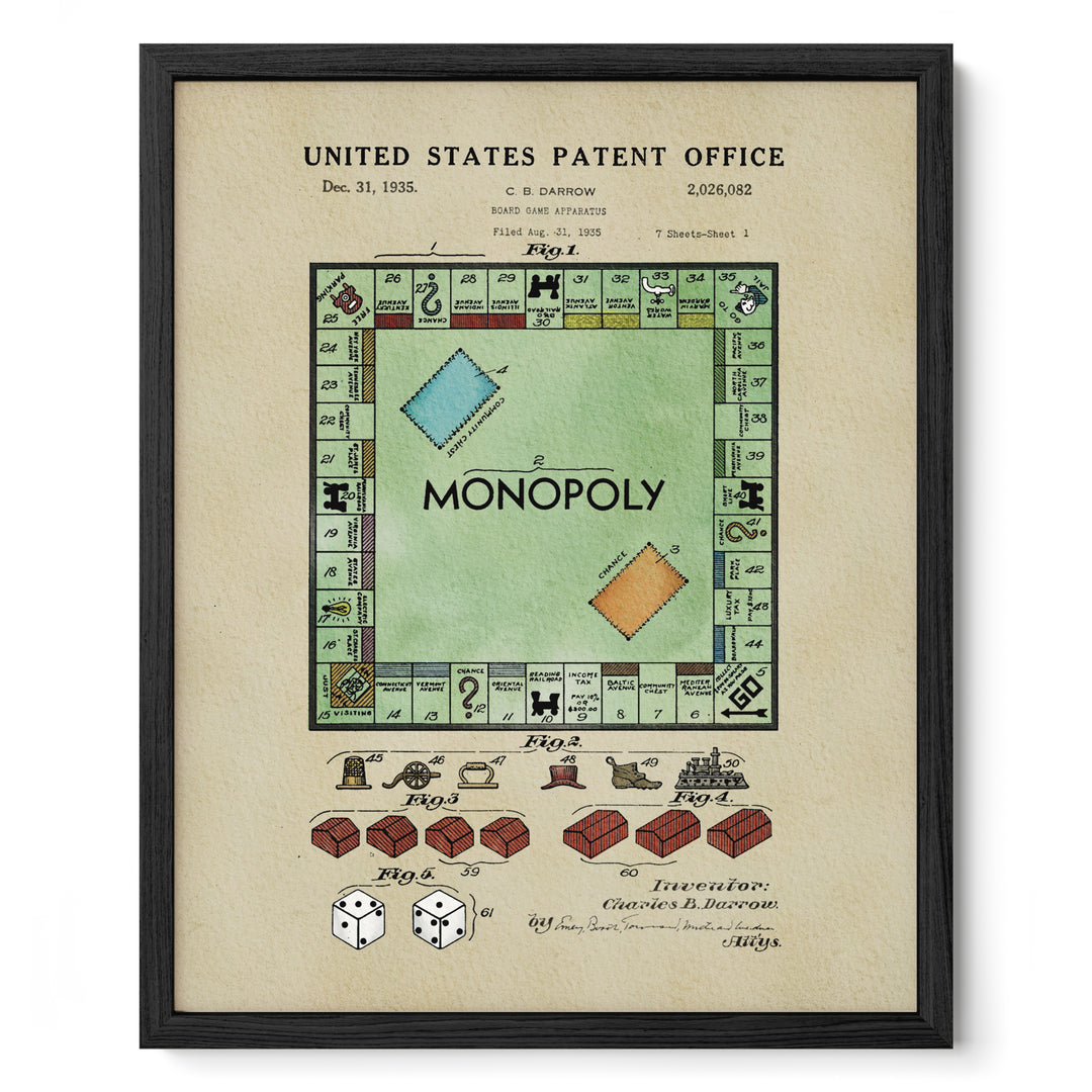The image is a framed vintage Monopoly patent drawing from December 1931, depicting the Monopoly board game with its iconic game pieces and rules.