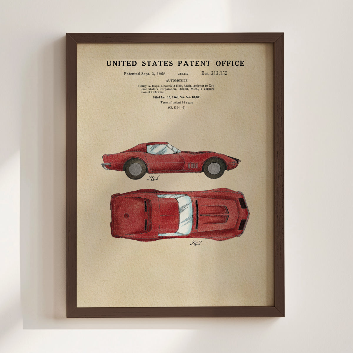 The image is a framed print of a red sports car, depicting the car's design and features.