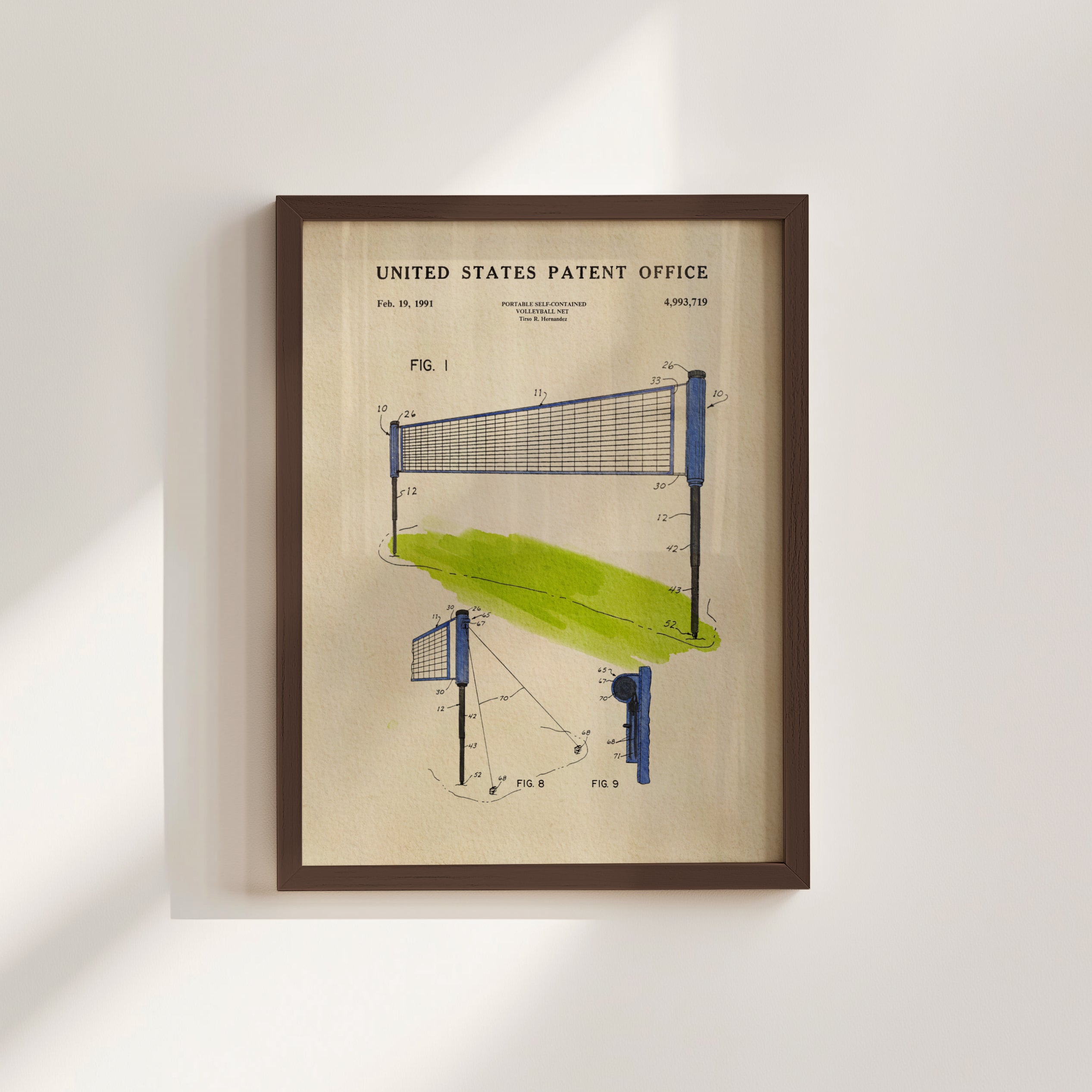 The image is a framed patent drawing of a volleyball net, depicting the net's design and structure.