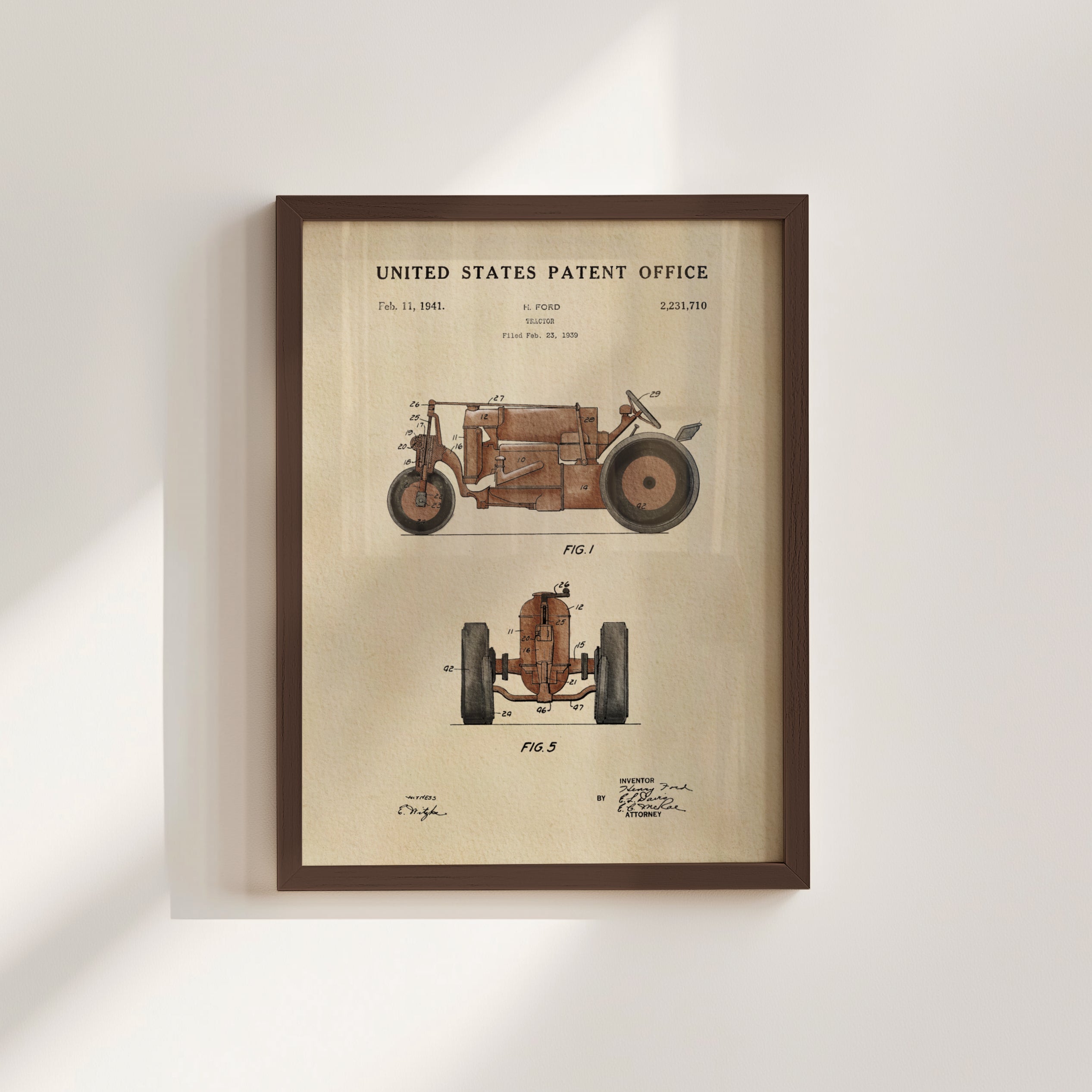 The image is a framed patent drawing depicting a vehicle, likely a tractor or similar farming equipment, with detailed technical drawings and specifications.
