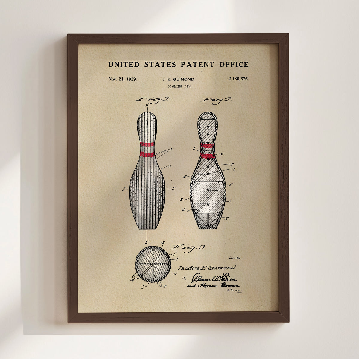 The image is a framed patent drawing depicting a bowling pin and a bowling ball, with the title "United States Patent Office" and the date November 21, 1933.