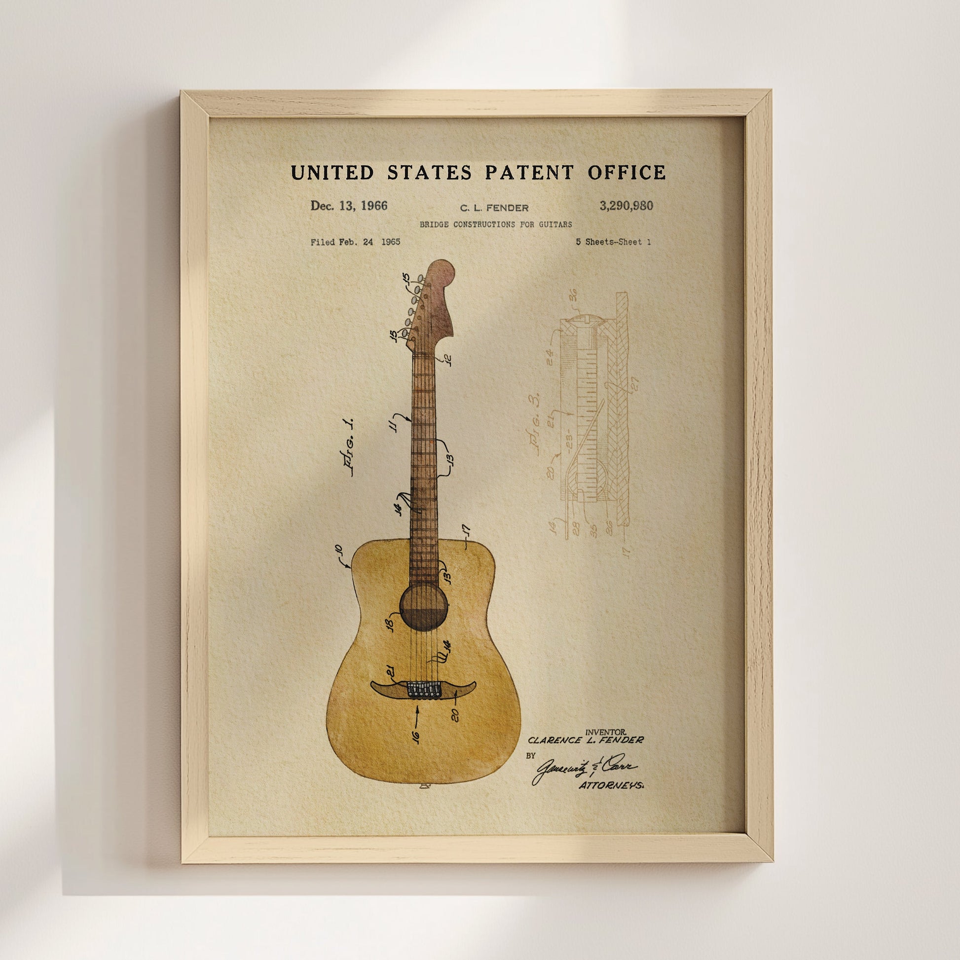The image is a framed patent drawing of a guitar, depicting the design and construction of the guitar.