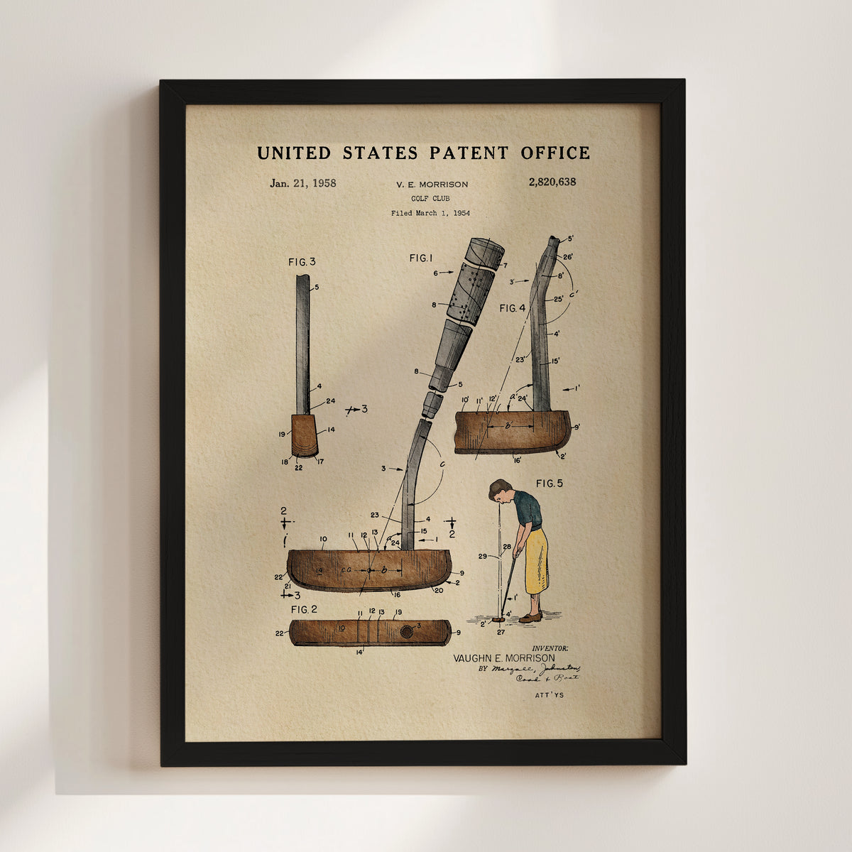The image is a framed patent drawing depicting a golf club, specifically a putter, with various technical drawings and annotations.