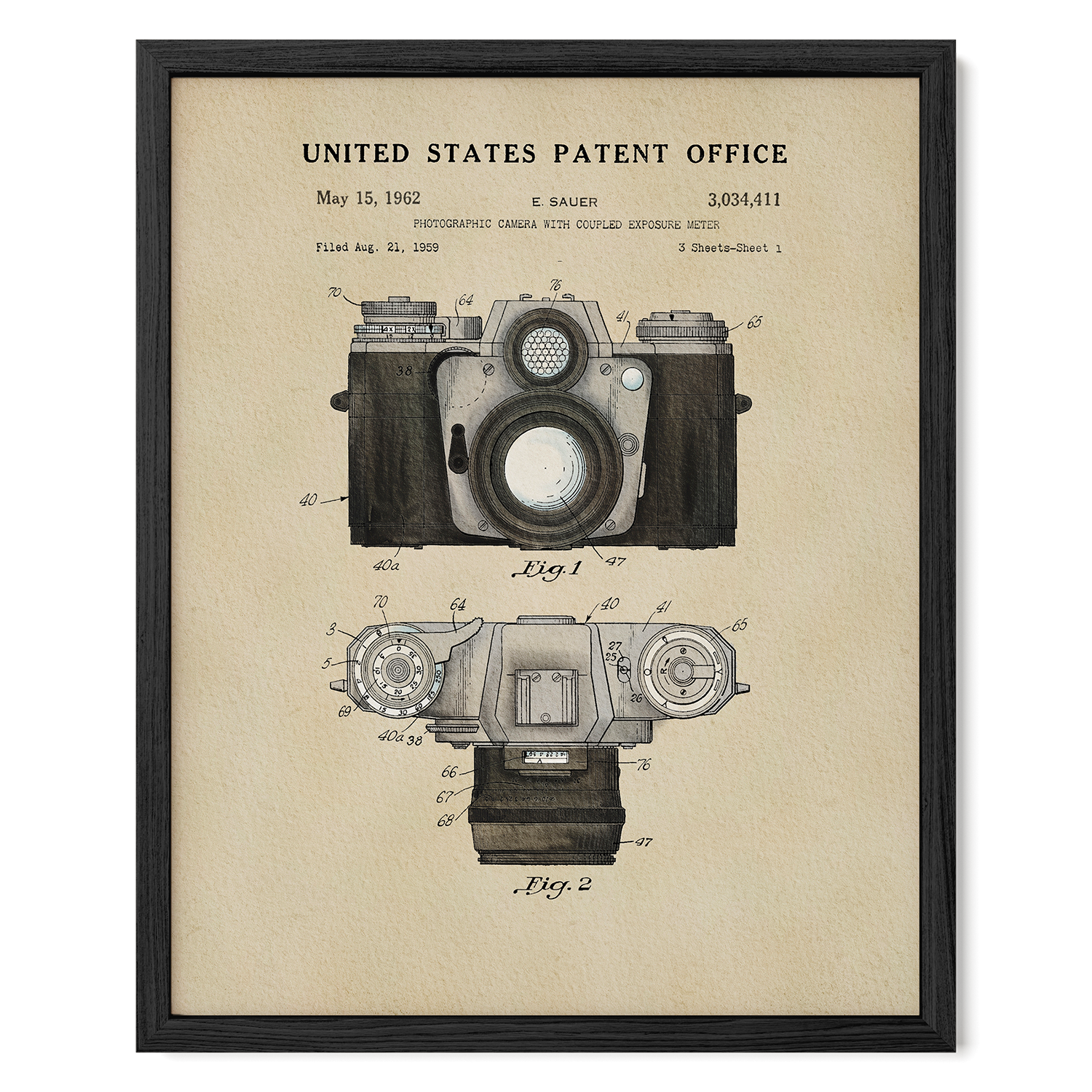 The image is a framed patent drawing of a camera, depicting the design and features of the camera in a technical drawing style.