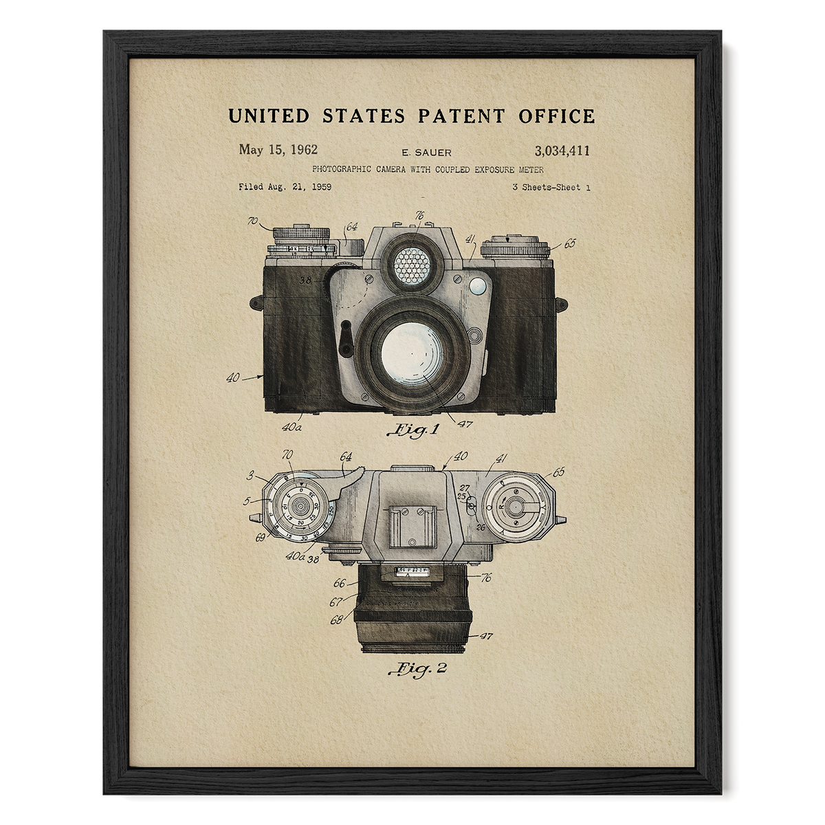 The image is a framed patent drawing of a camera, depicting the design and features of the camera in a technical drawing style.