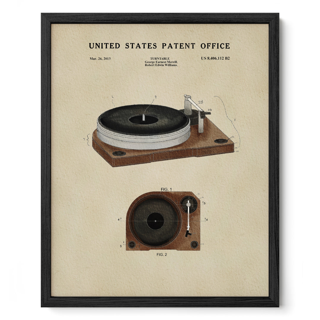 The image is a framed print of a United States patent office patent for a turntable, featuring detailed technical drawings and specifications.