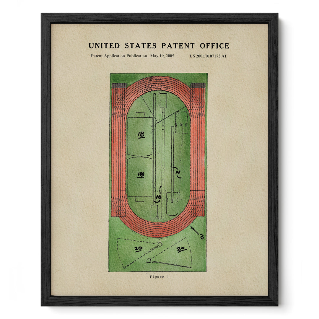 The image is a framed print featuring a detailed illustration of a running track, including the starting blocks, lanes, and a diagram of the track layout.