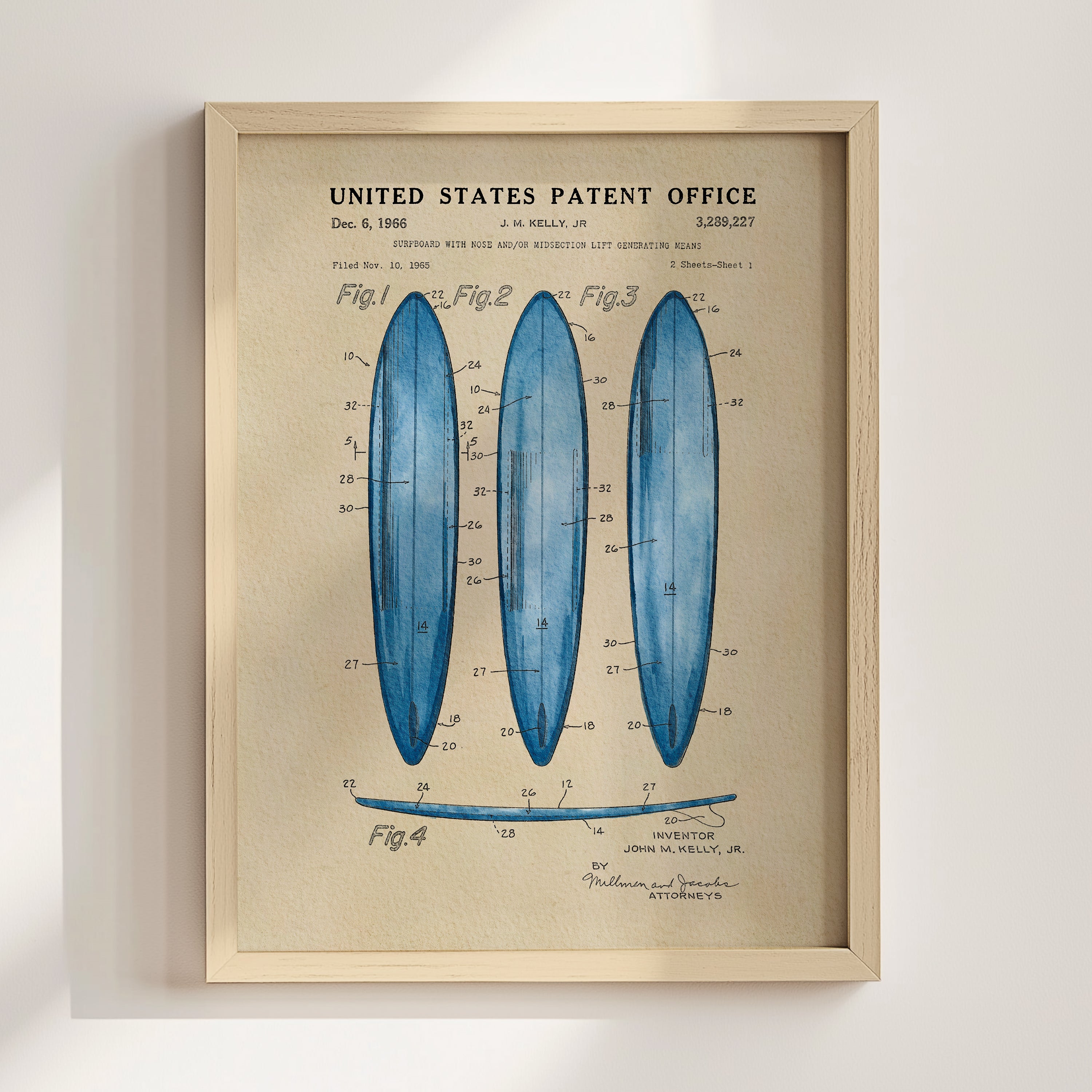 The image is a framed patent drawing depicting three blue surfboards with detailed technical drawings and labels.